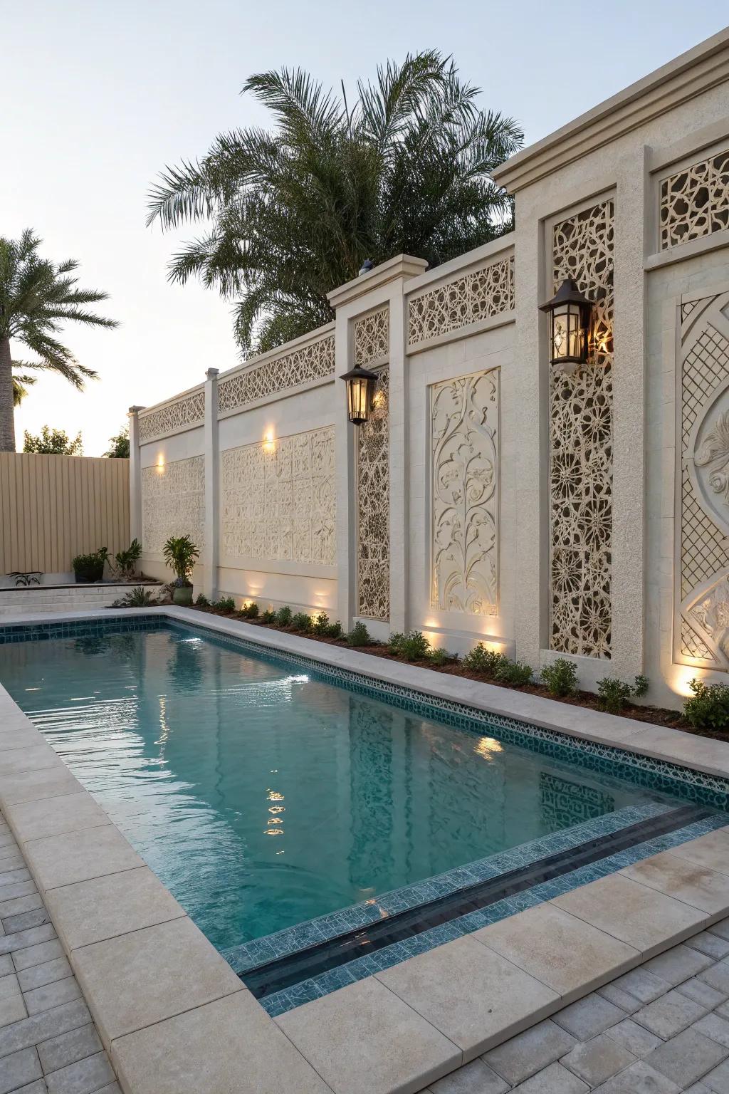 A semi-inground pool with eye-catching accent walls that introduce artistic flair.