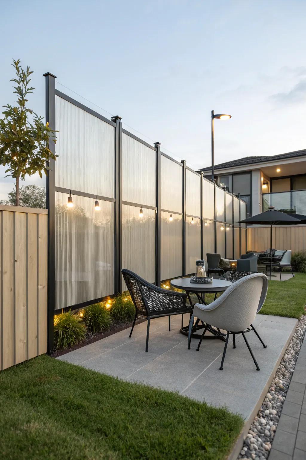 Acrylic panels append a streamlined, contemporary accent to this chic outdoor space.