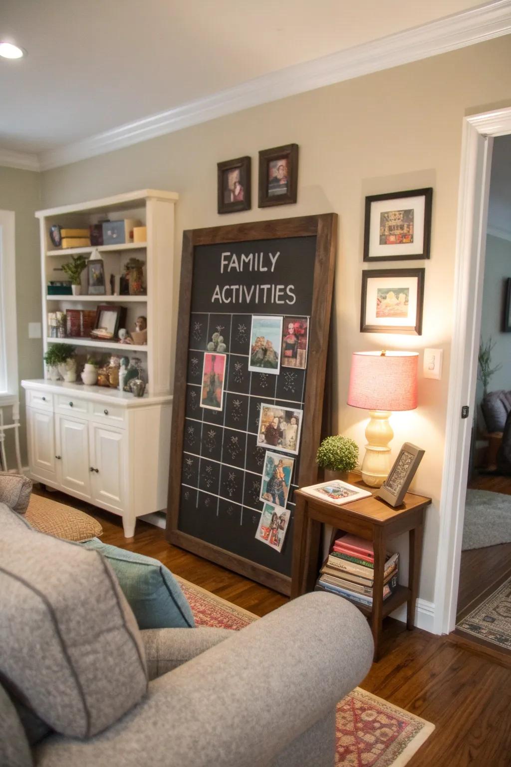 A family room featuring a chalkboard planner for organizing family activities.