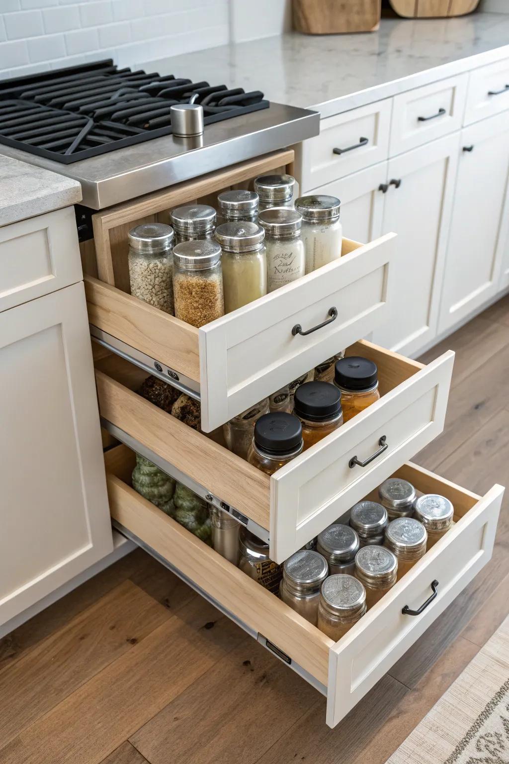 Pull-out drawer systems make blending bottles easily accessible and organized.