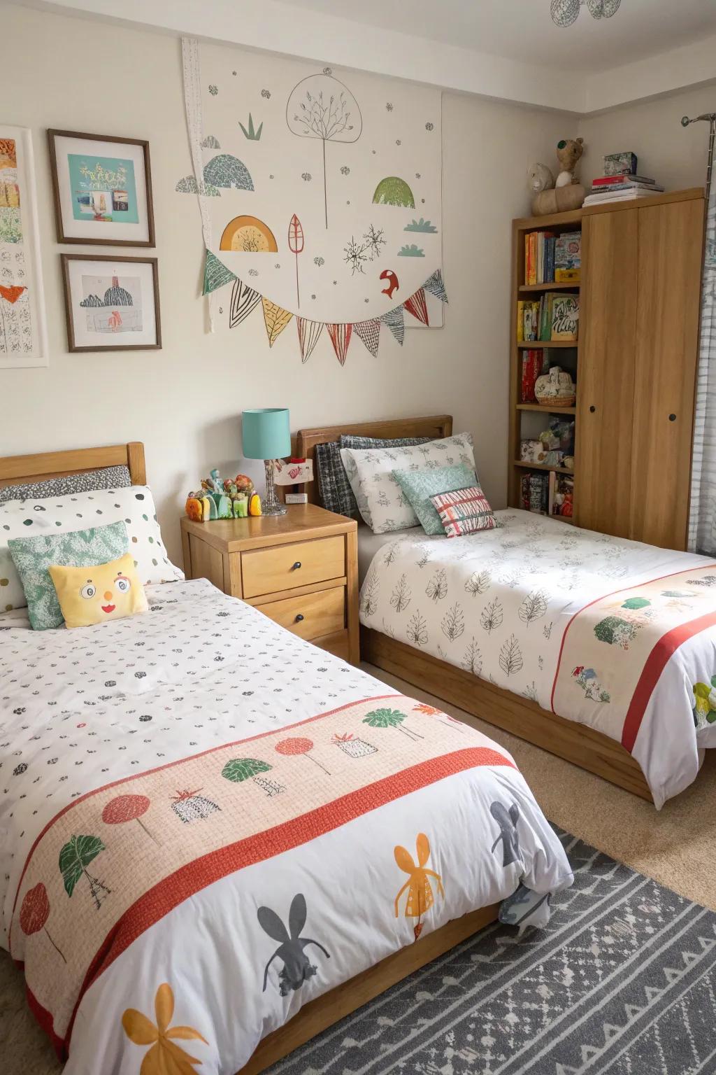 Personalized linen infuses a hint of individuality into each child's side of the space.