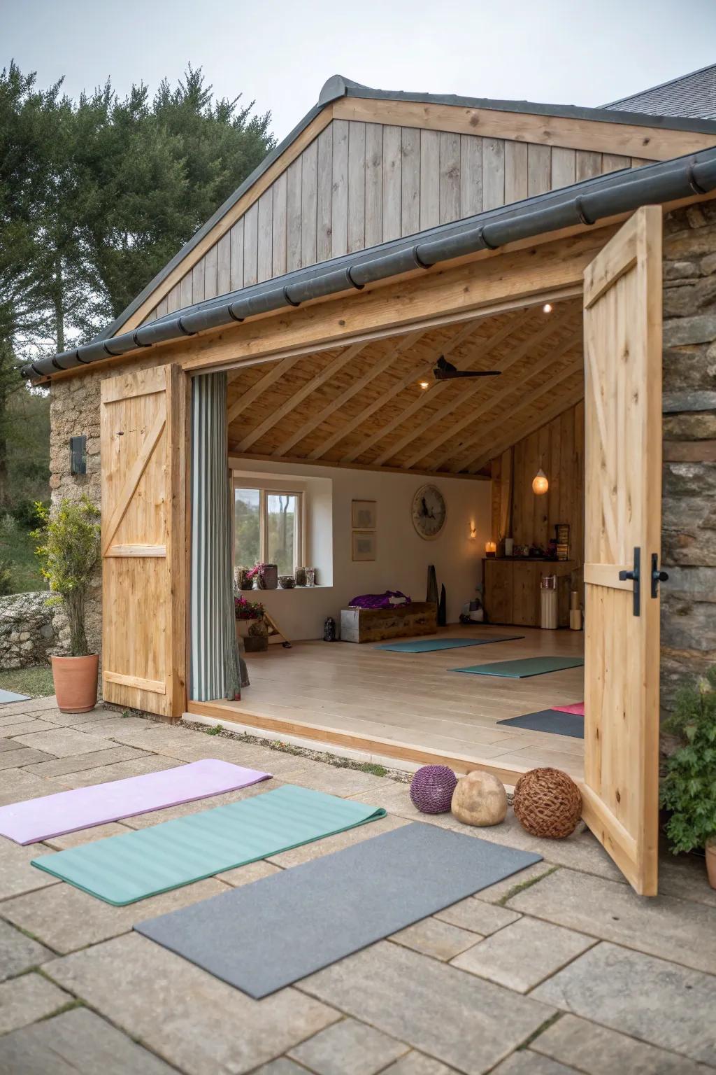 Sketch out a serene yoga space inside your she shed with open space and natural materials.
