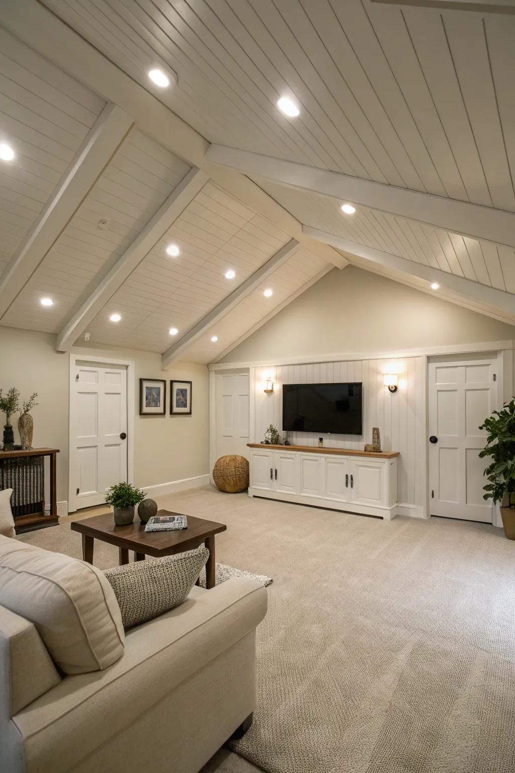 Minimalist refinement with recessed lighting within a shed ceiling.