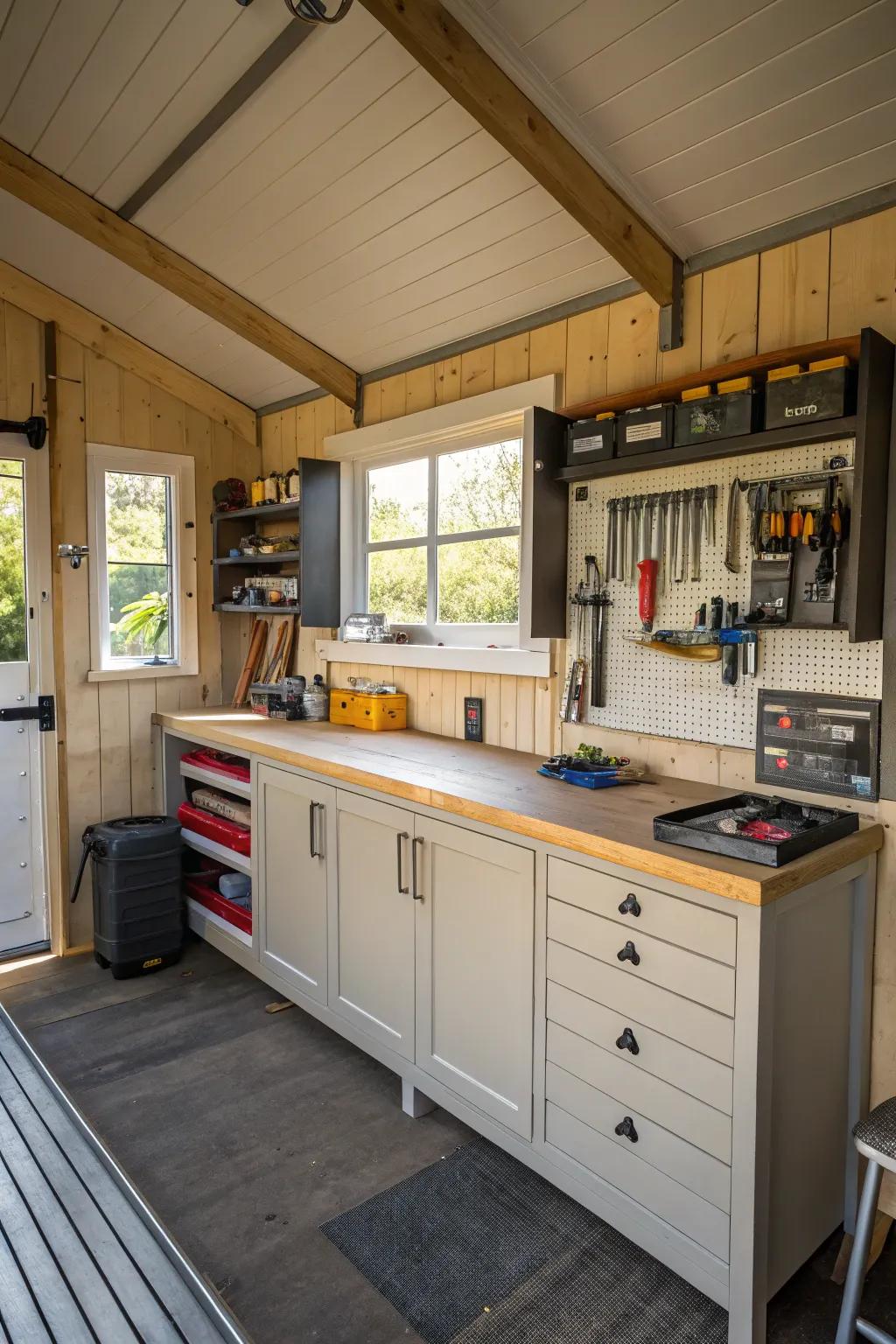 A shed transformed into a useful and organized workspace.