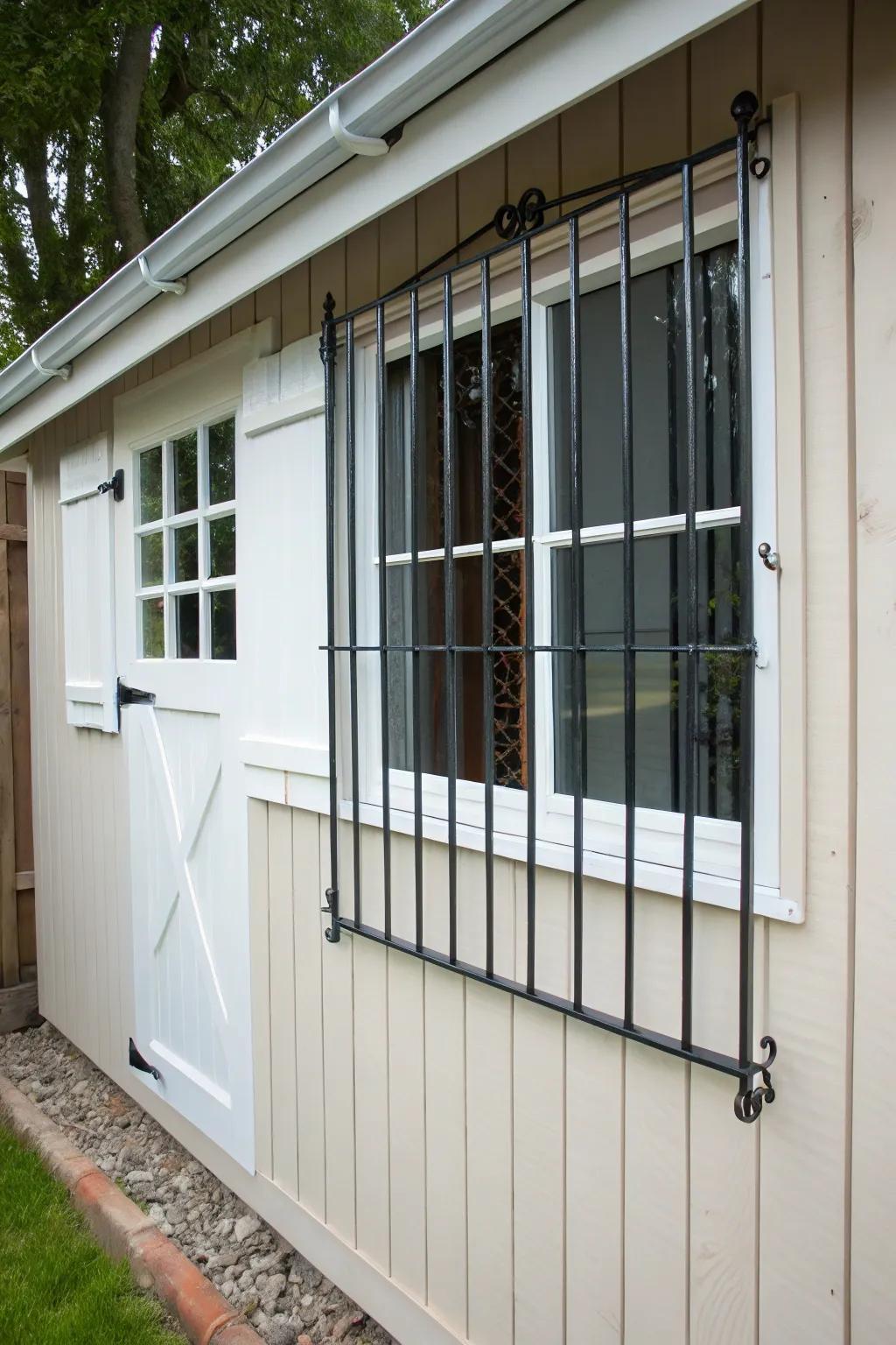 Security bars fortify a shed's window, blending security with aesthetics.