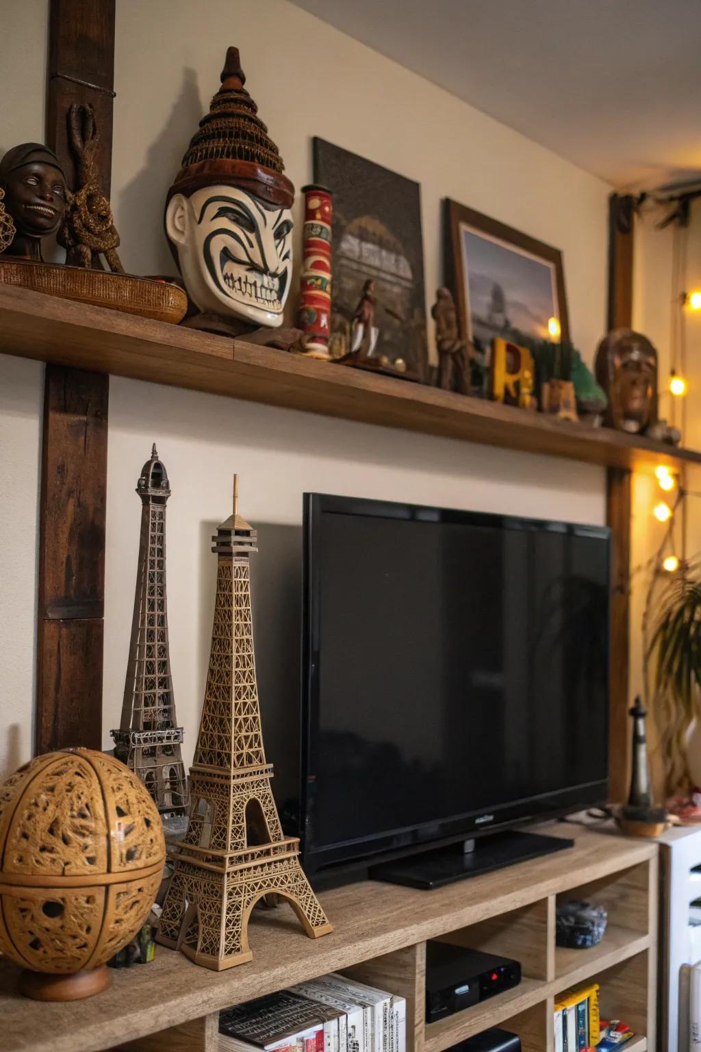 Worldwide souvenirs append a unique impression above the TV.
