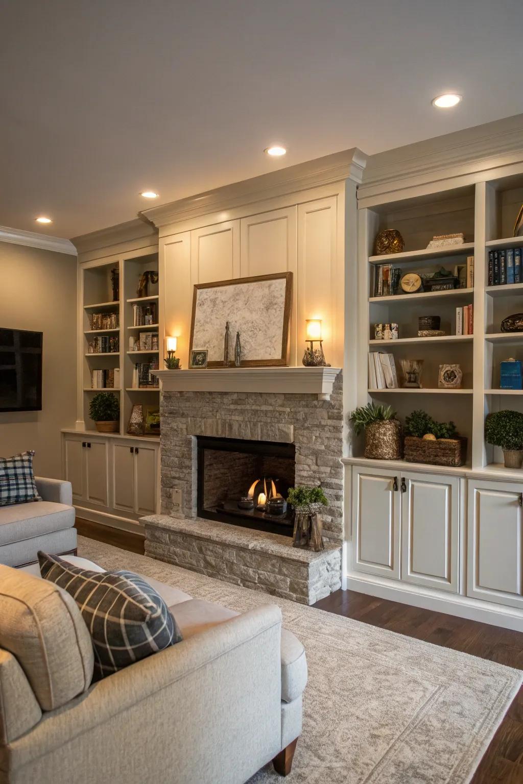 Enclosed cabinets provide concealed storage in the shelving unit.