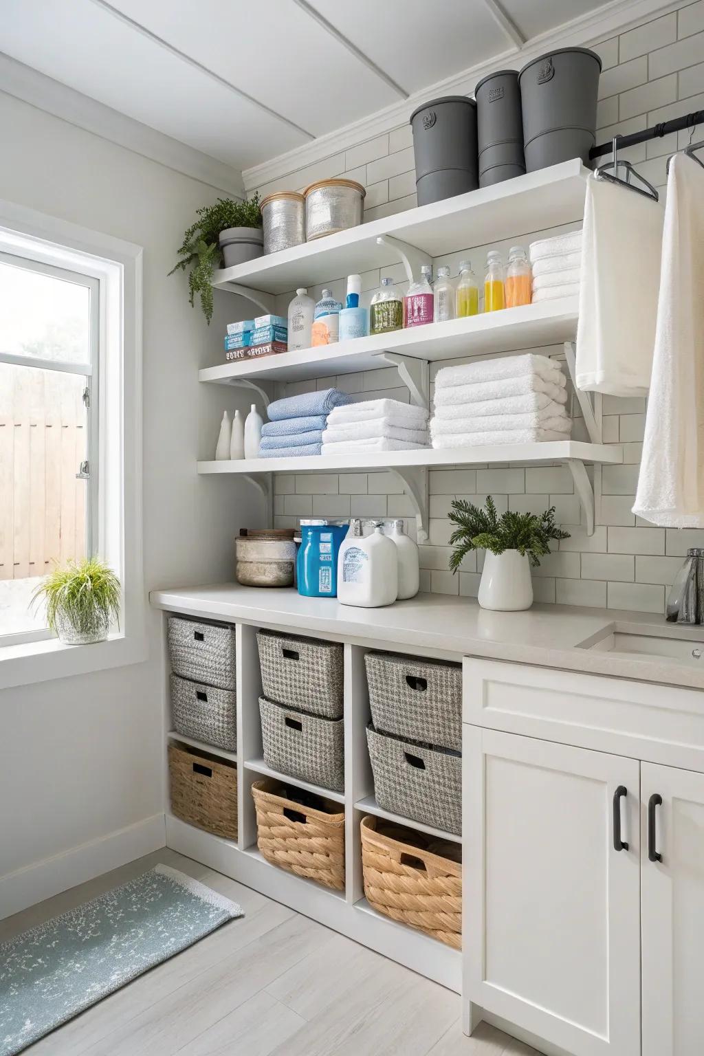 Modern floating shelves in a utility room, providing a stylish and functional storage solution.