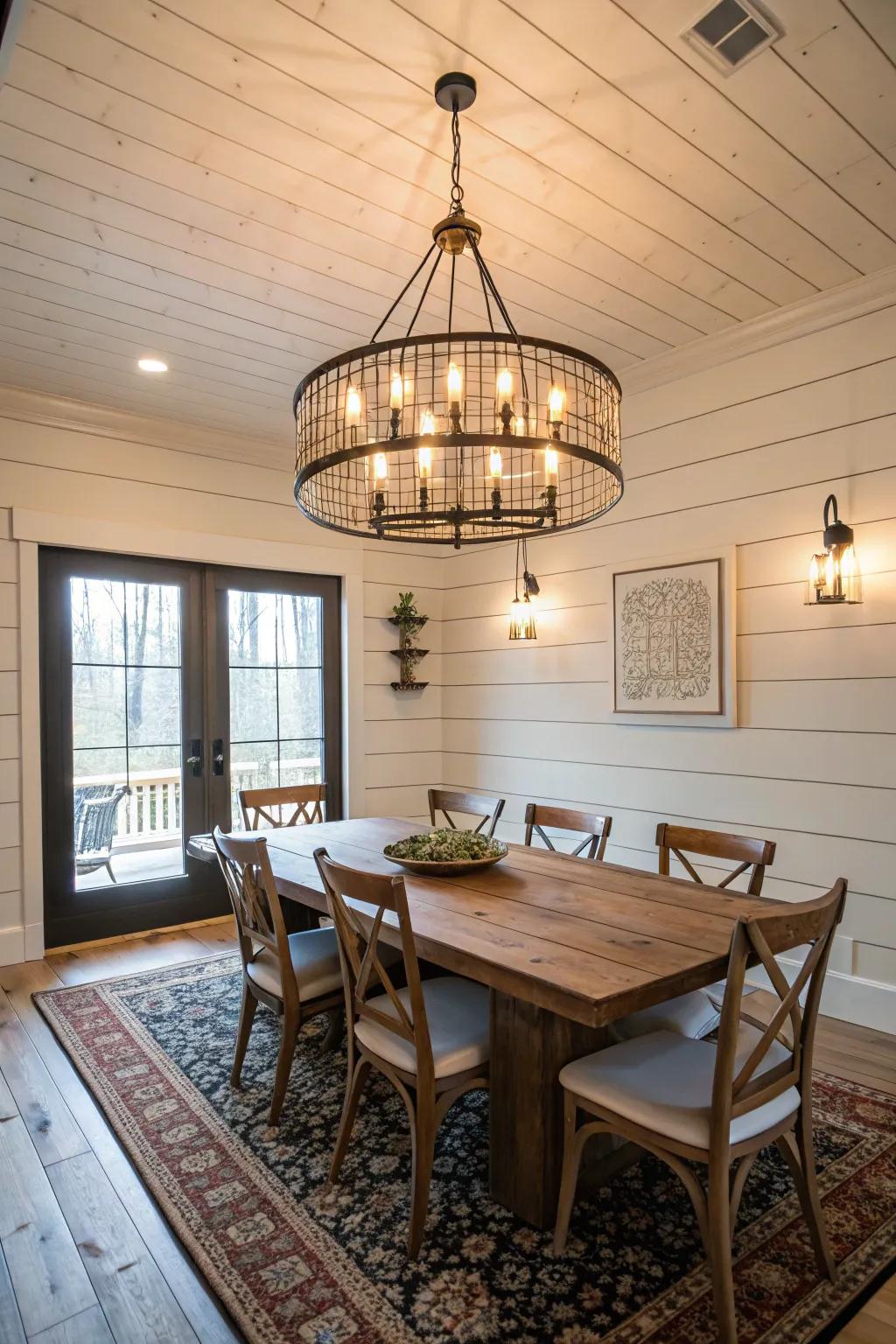 A dining room featuring a statement chandelier and shiplap walls.