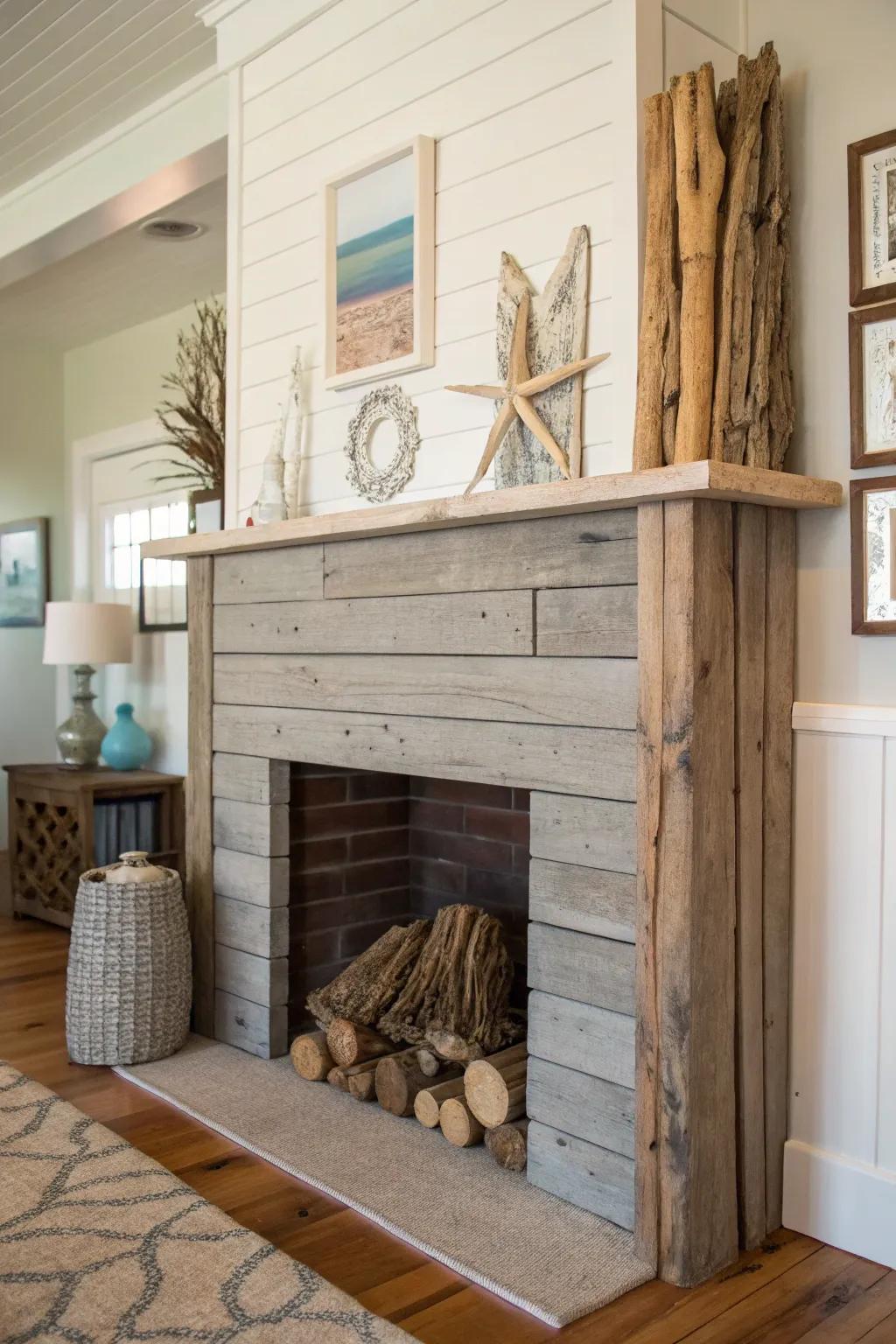 Seaside-inspired shiplap fireplace offering a serene beach-themed retreat.