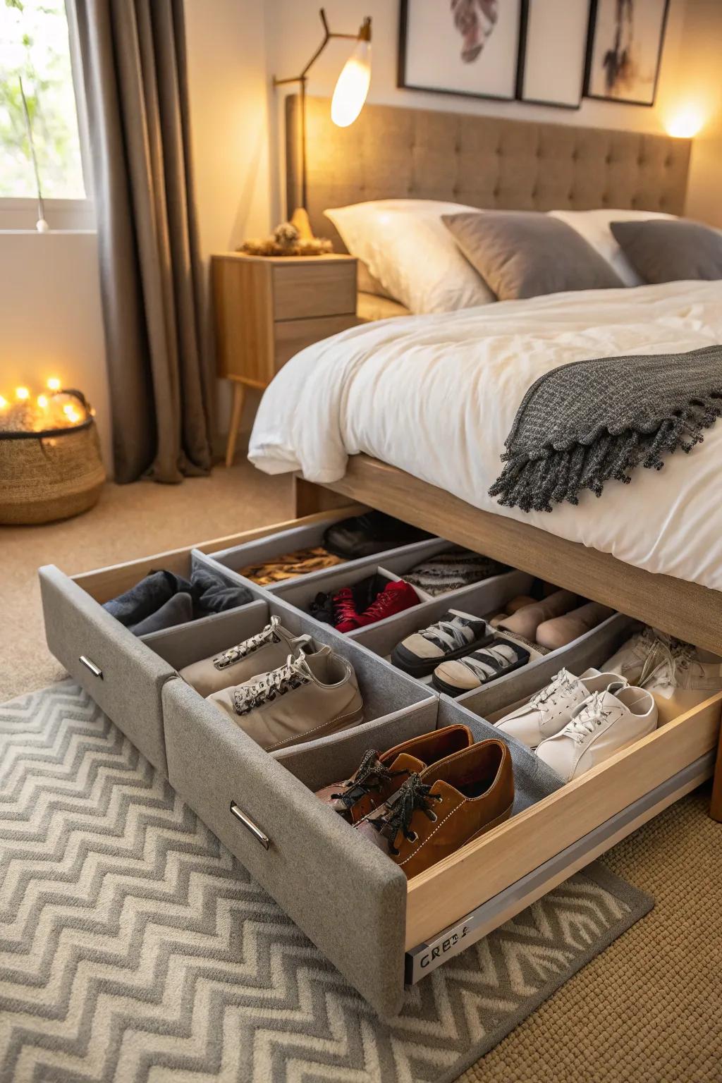 Make the most of hidden storage with under-bed shoe solutions.