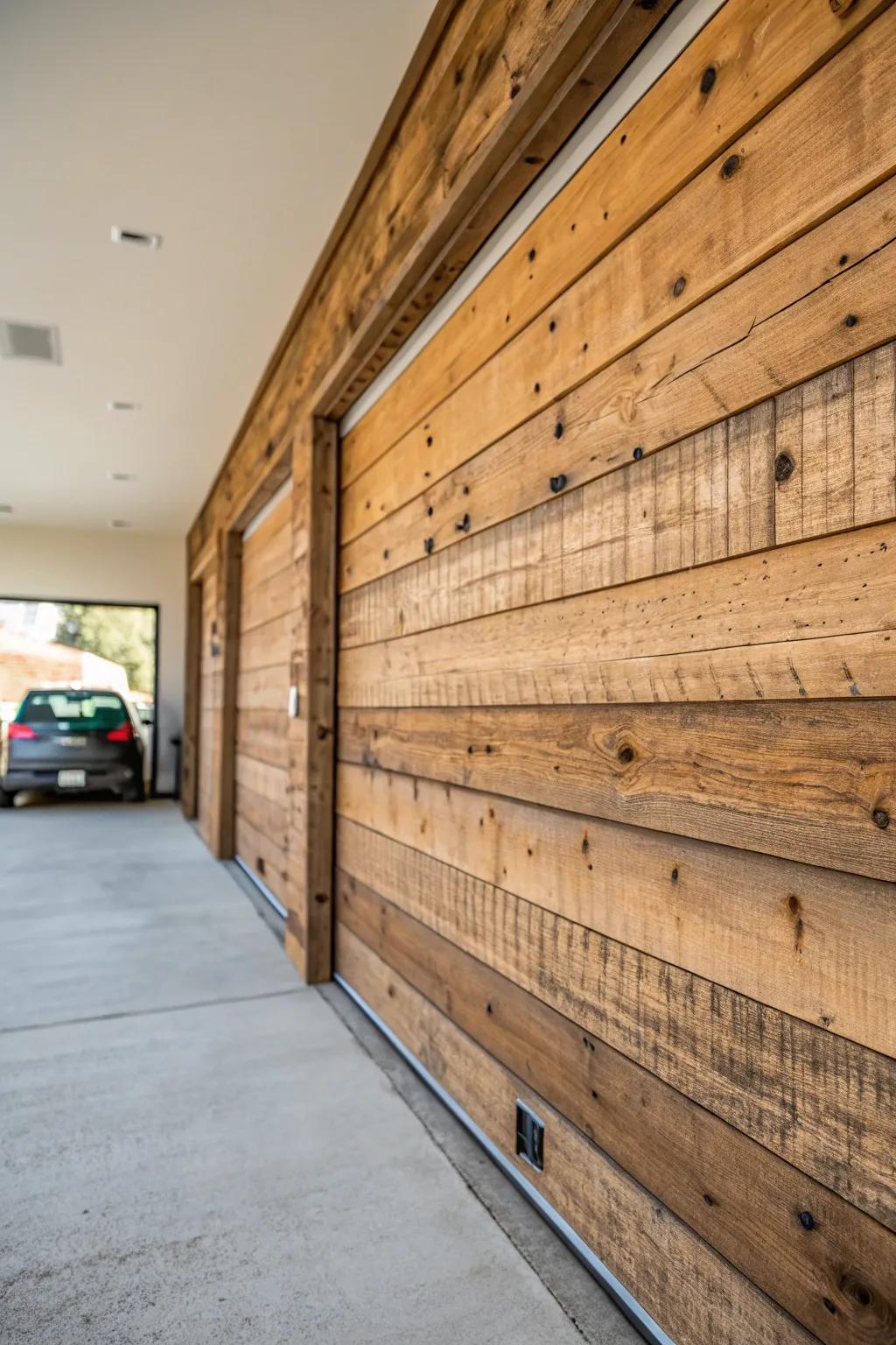 A garage wall with rustic reclaimed wood paneling.