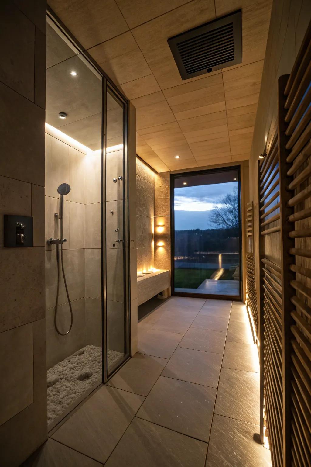 A washroom with atmosphere lighting to amplify the ambiance.