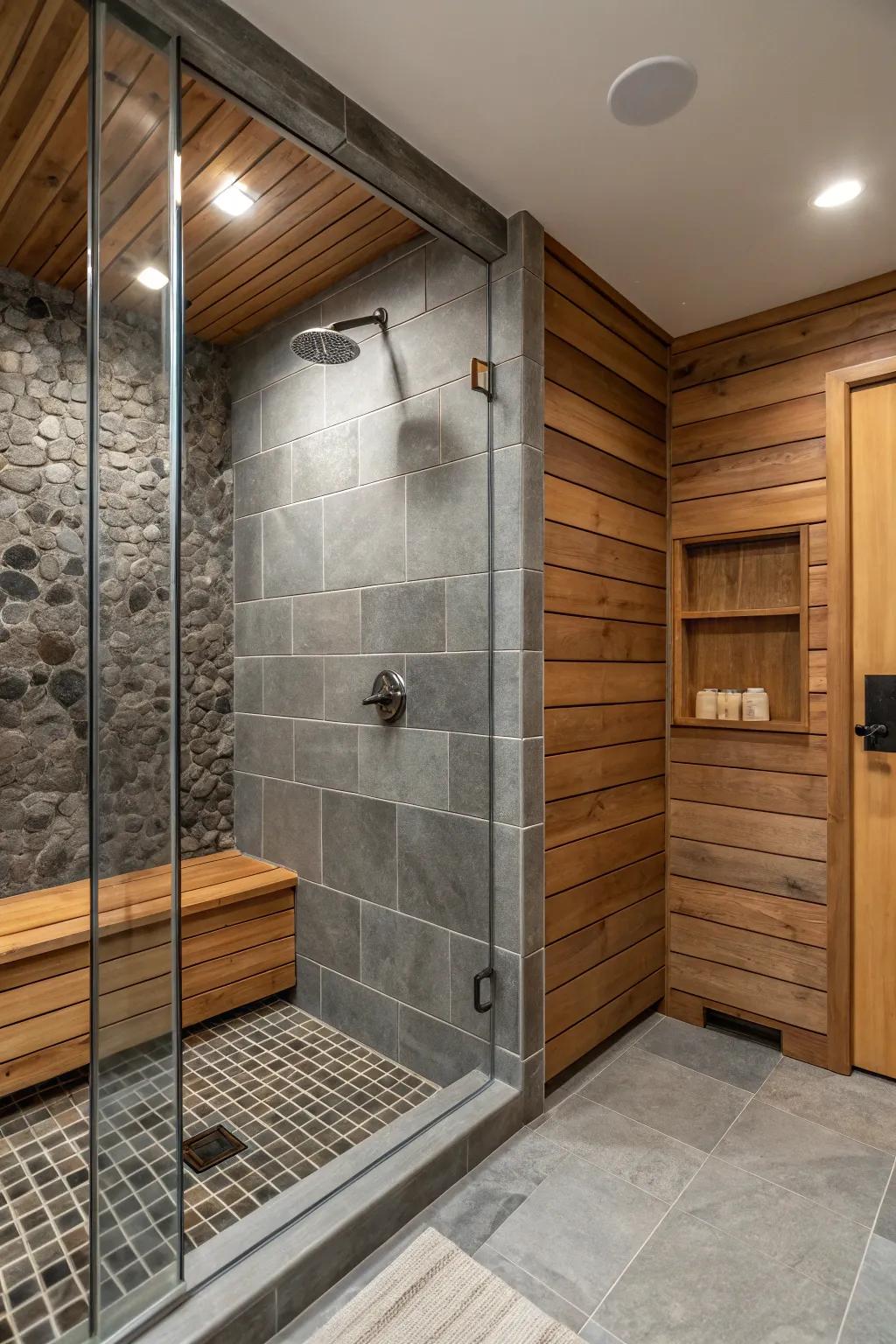 Natural components beautifully complement grey tiles.
