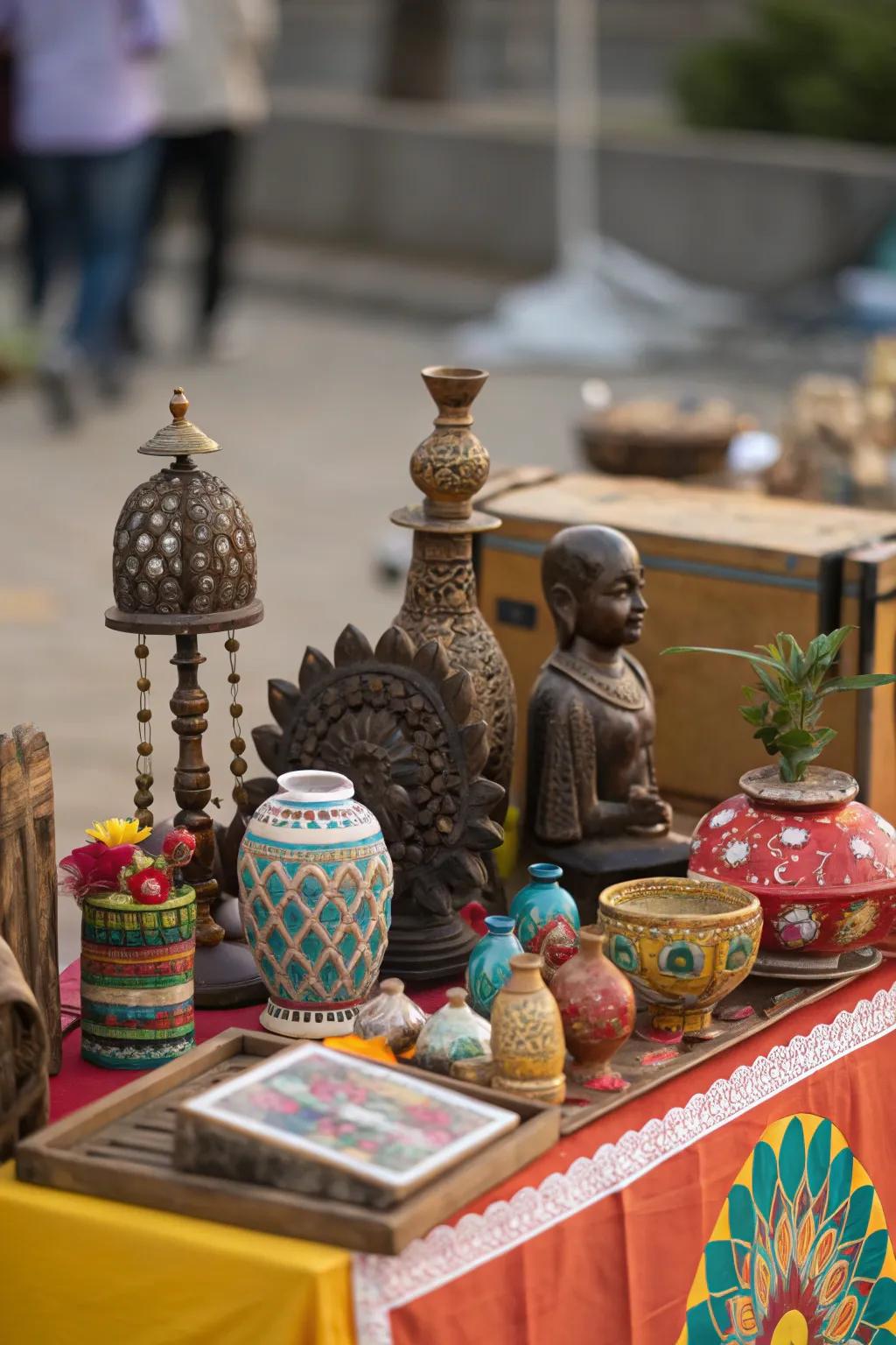 A unique side table arrangement featuring an assortment of distinctive decor.