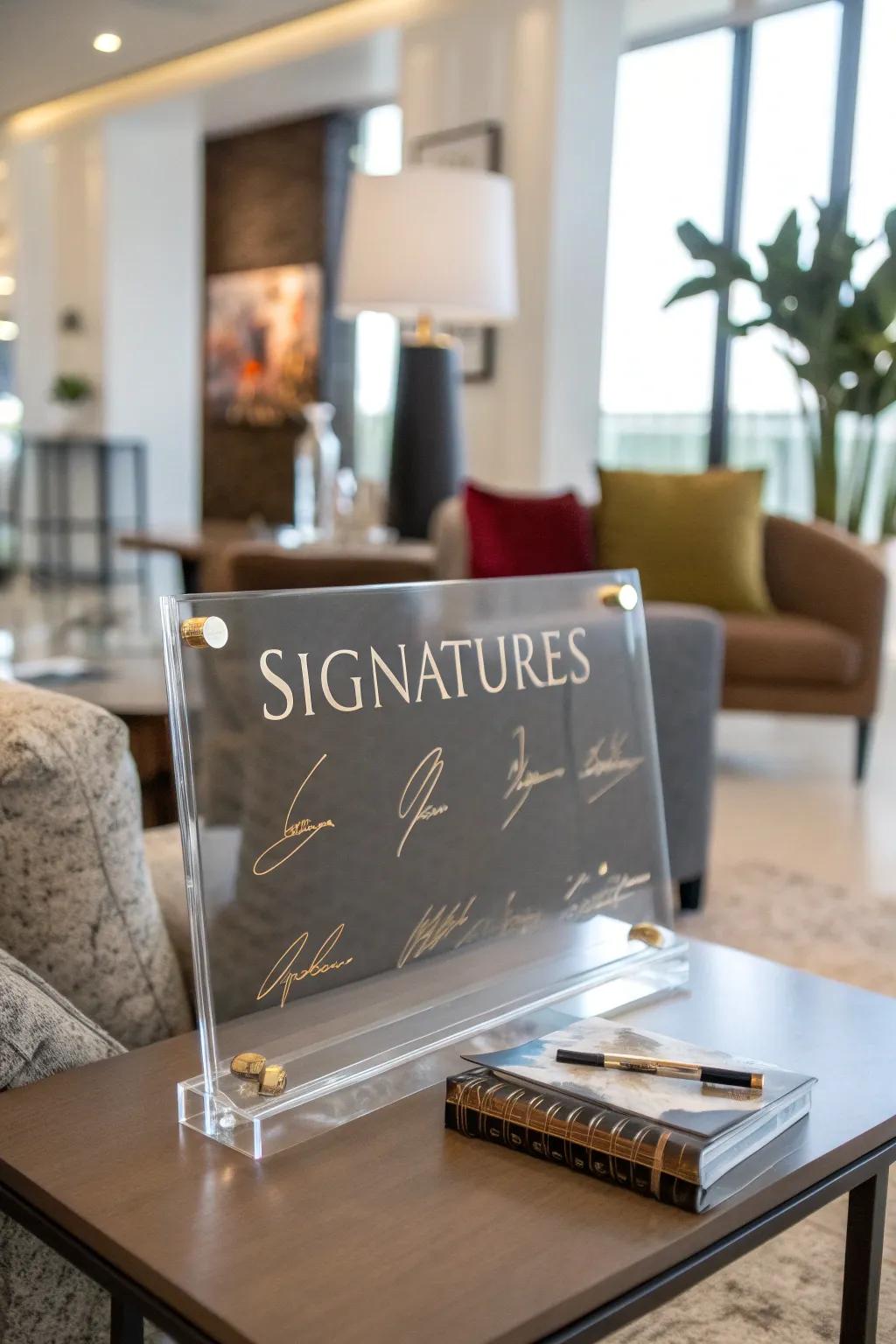 See-through greeting boards offer a streamlined, modern accent to any affair.