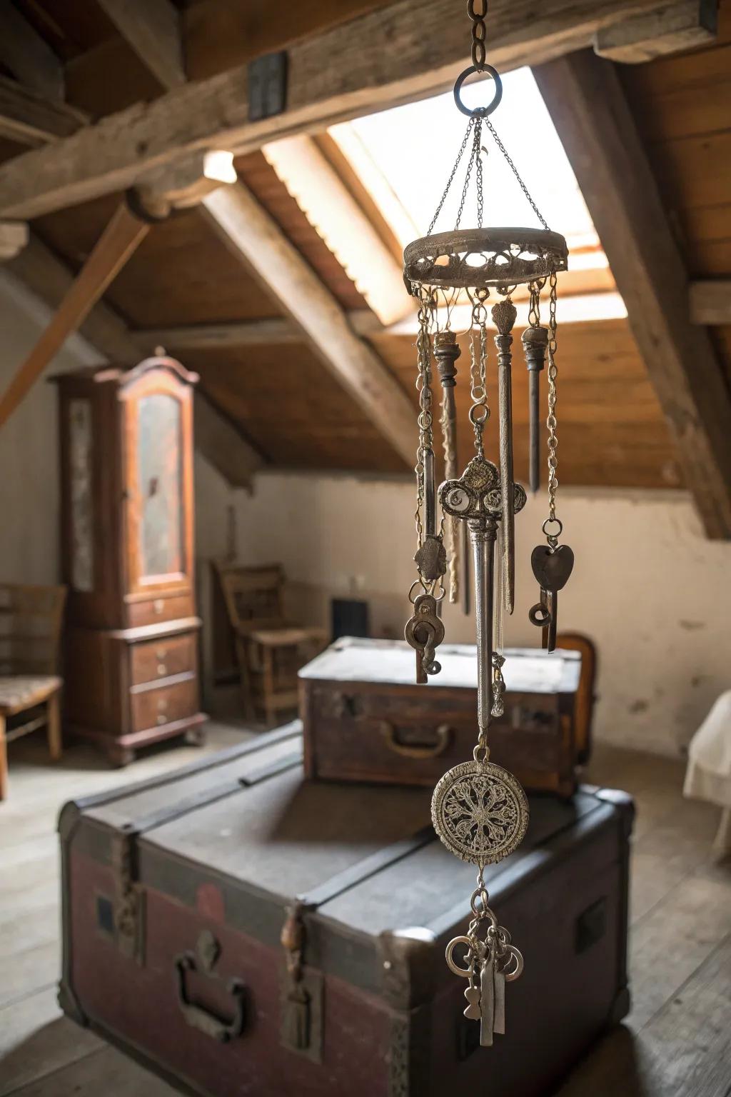 Timeless keys append a reminiscent accent to this silverware wind chime.