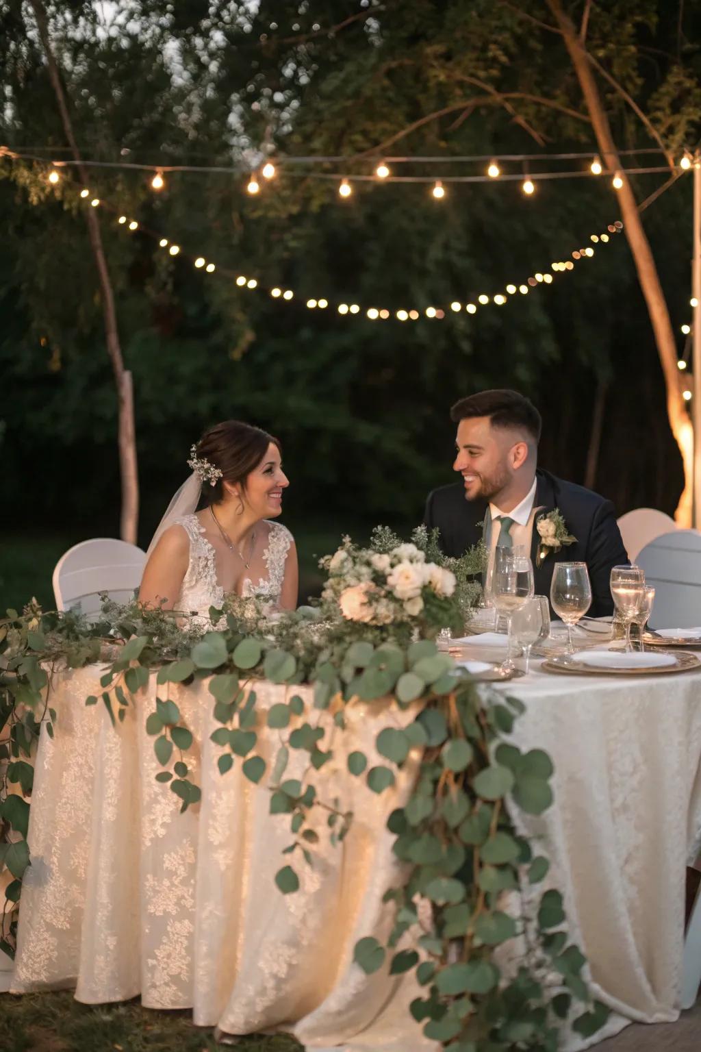 A bride and groom table adorned with eucalyptus accents.