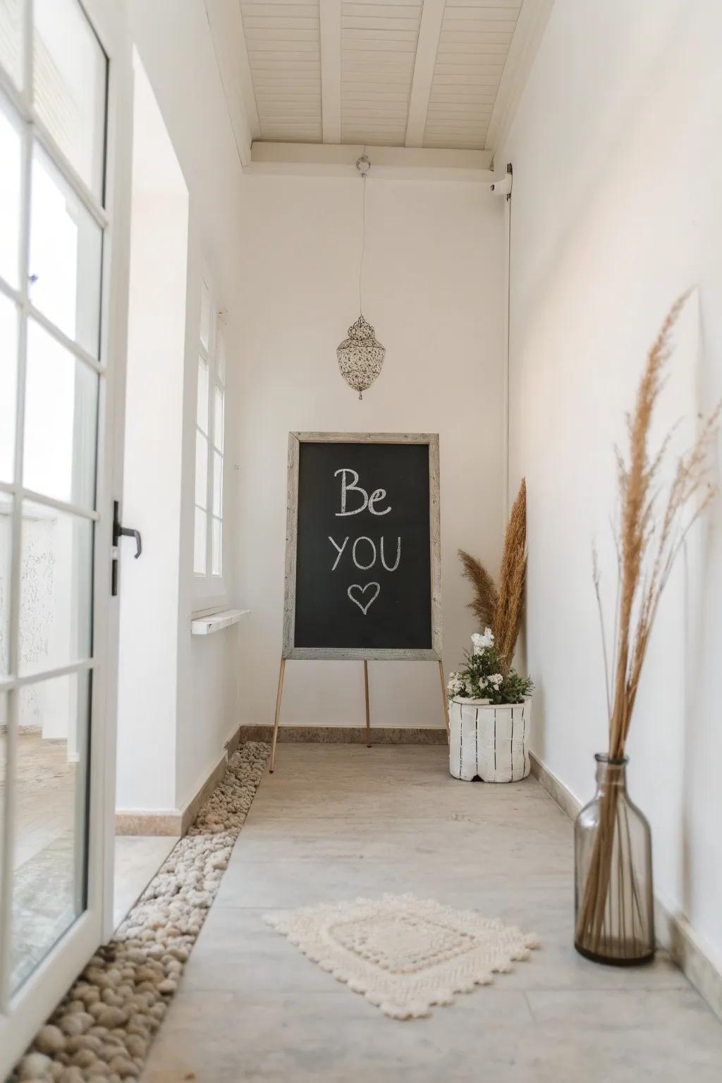 Understated chamber featuring a slate board inscription 'Be you'.
