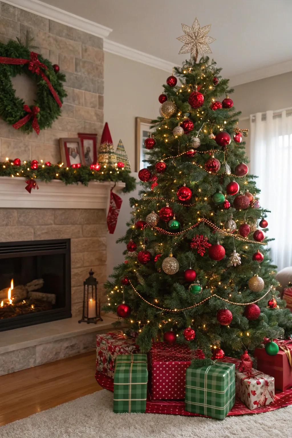 Classic ruby and emerald decorations spark timeless seasonal cheer.