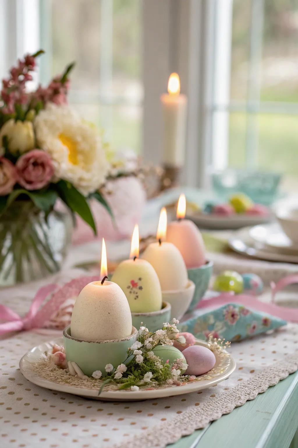 Eggshell candles add a unique flickering glow.
