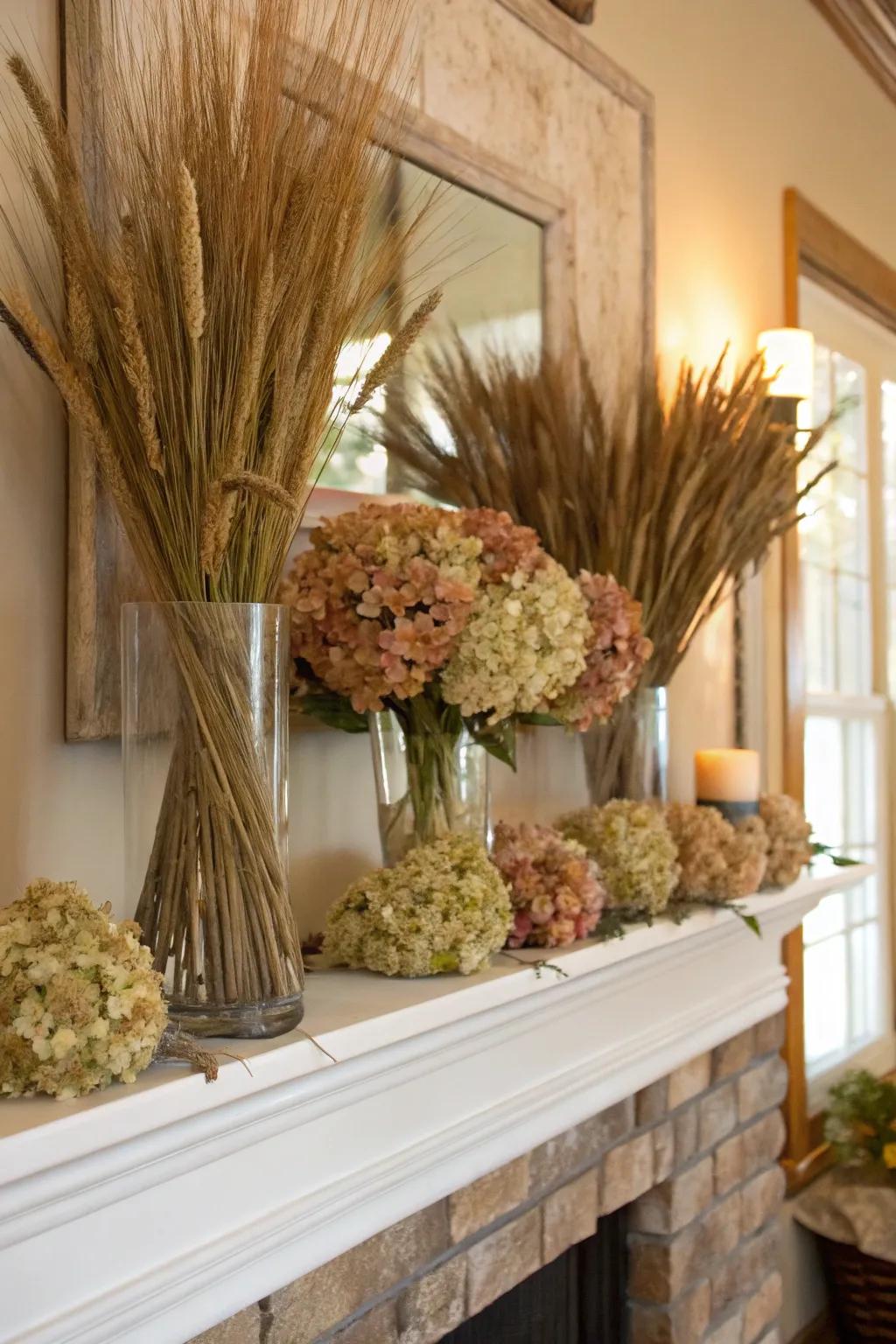 Containers appending dimension and feel through desiccated florals.