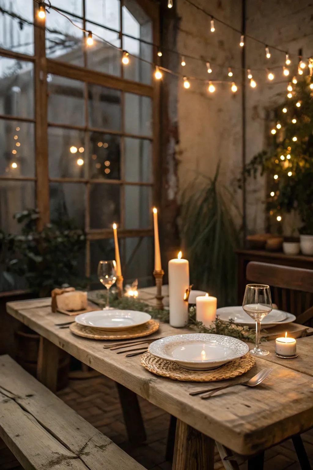 Beaded fairy lights projecting a magical twinkle across a rustic table.