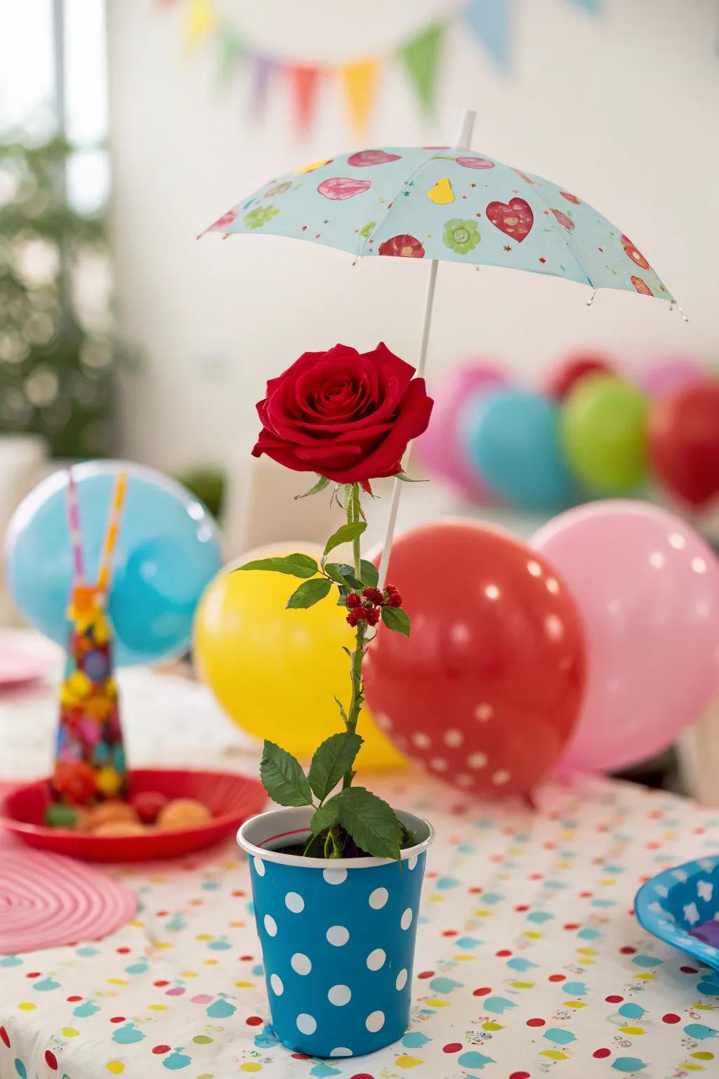 A parasol above a rose establishes a whimsical outcome.