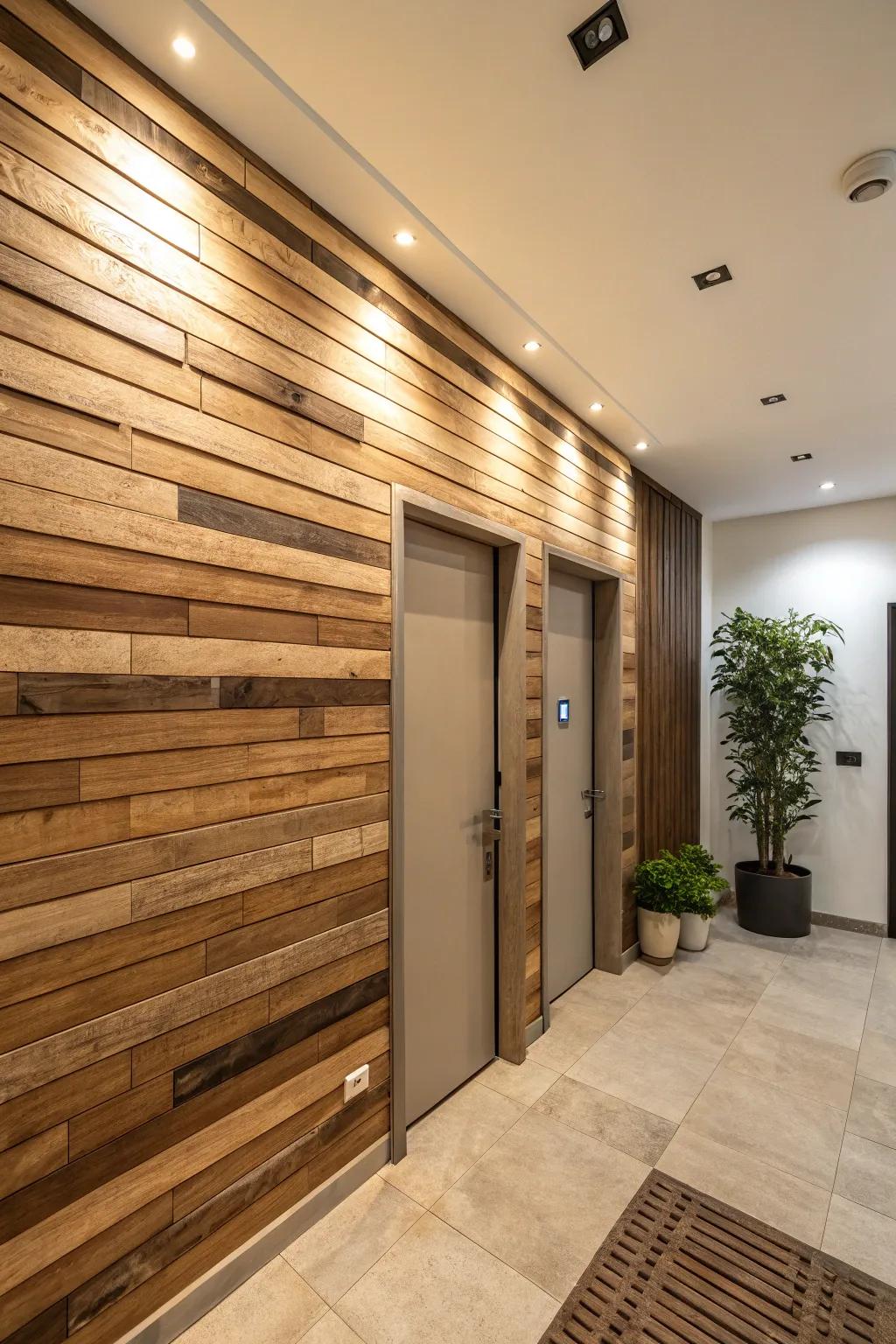 An entryway showcasing a vibrant bicolor lumber strip wall.