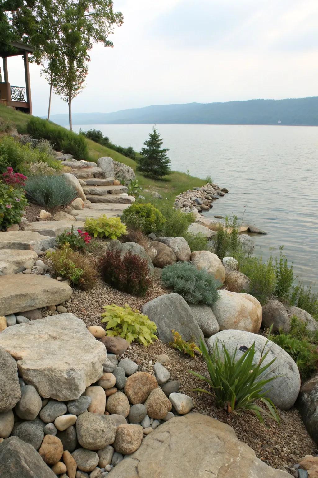 An eye-catching boulder garden adds texture and interest to the slope.