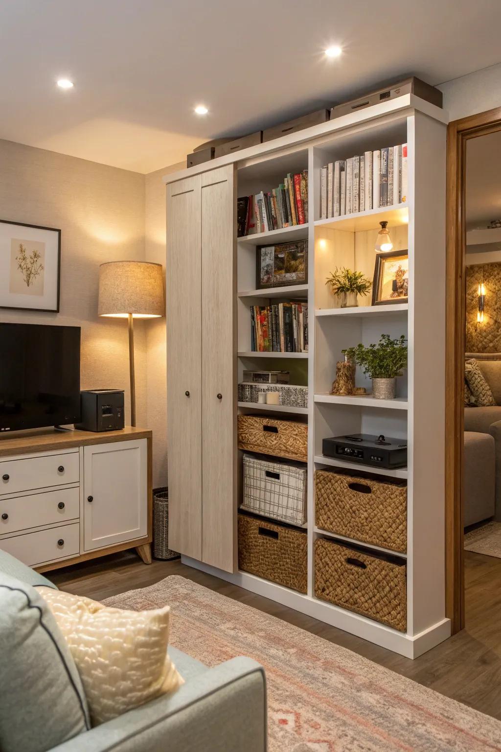 Ingenious storage maintains area organized.