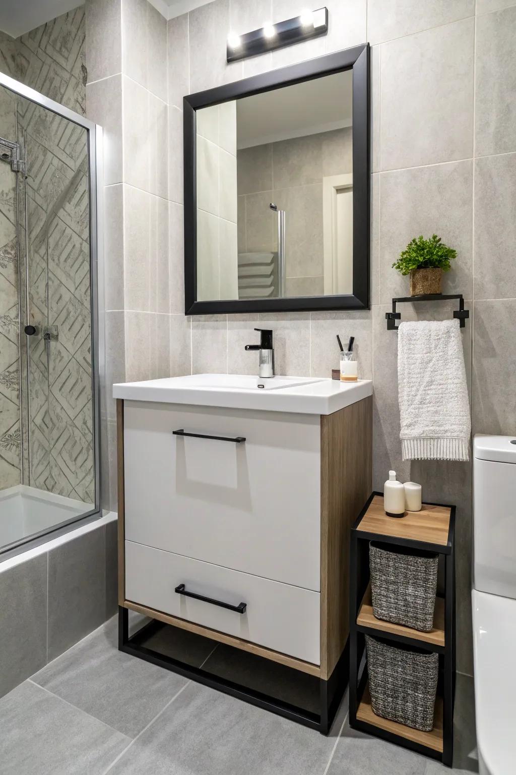 A slim vanity provides storage without crowding a small bathroom.