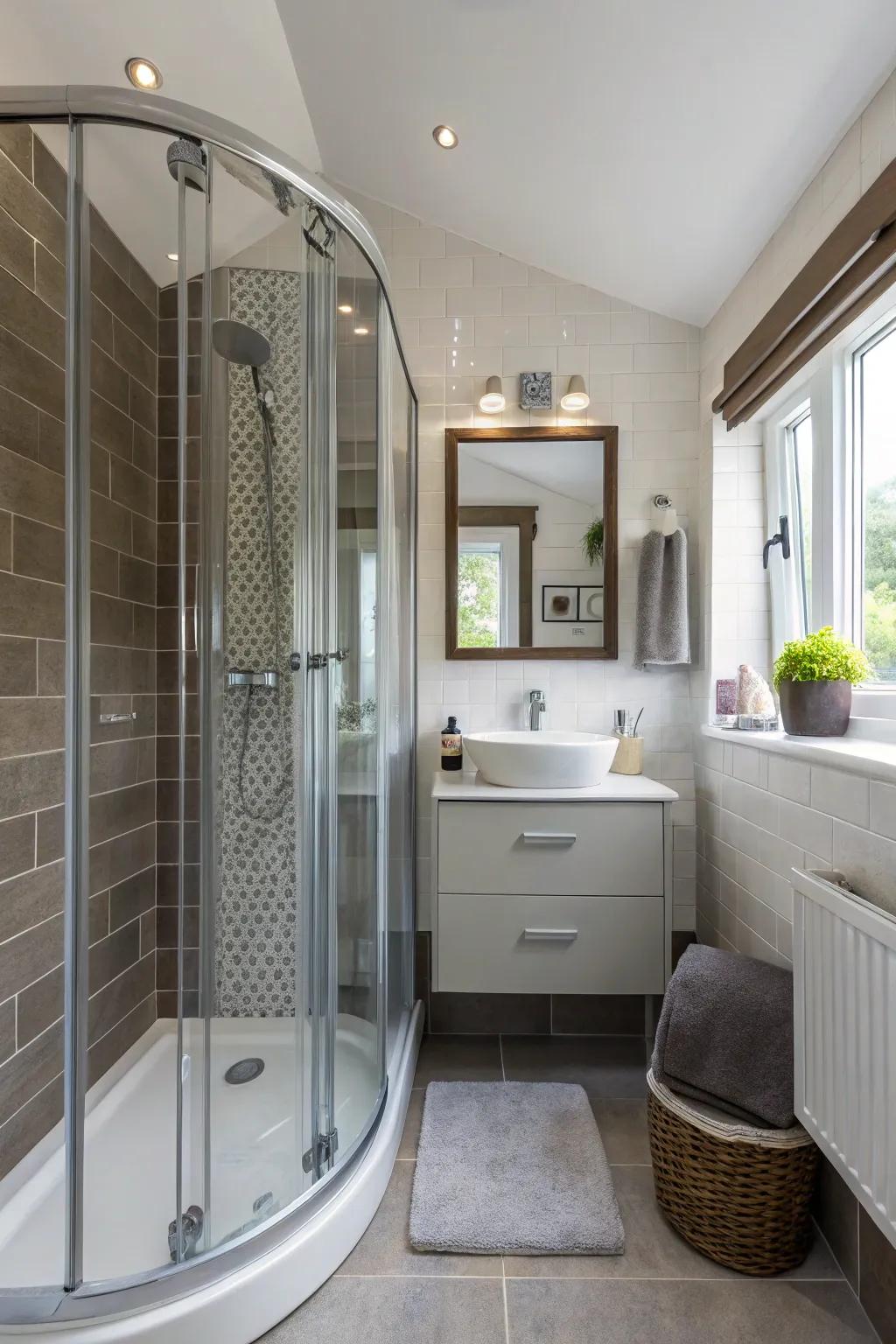 A curved shower surround is able to foster a streamlined transition within a compact area.