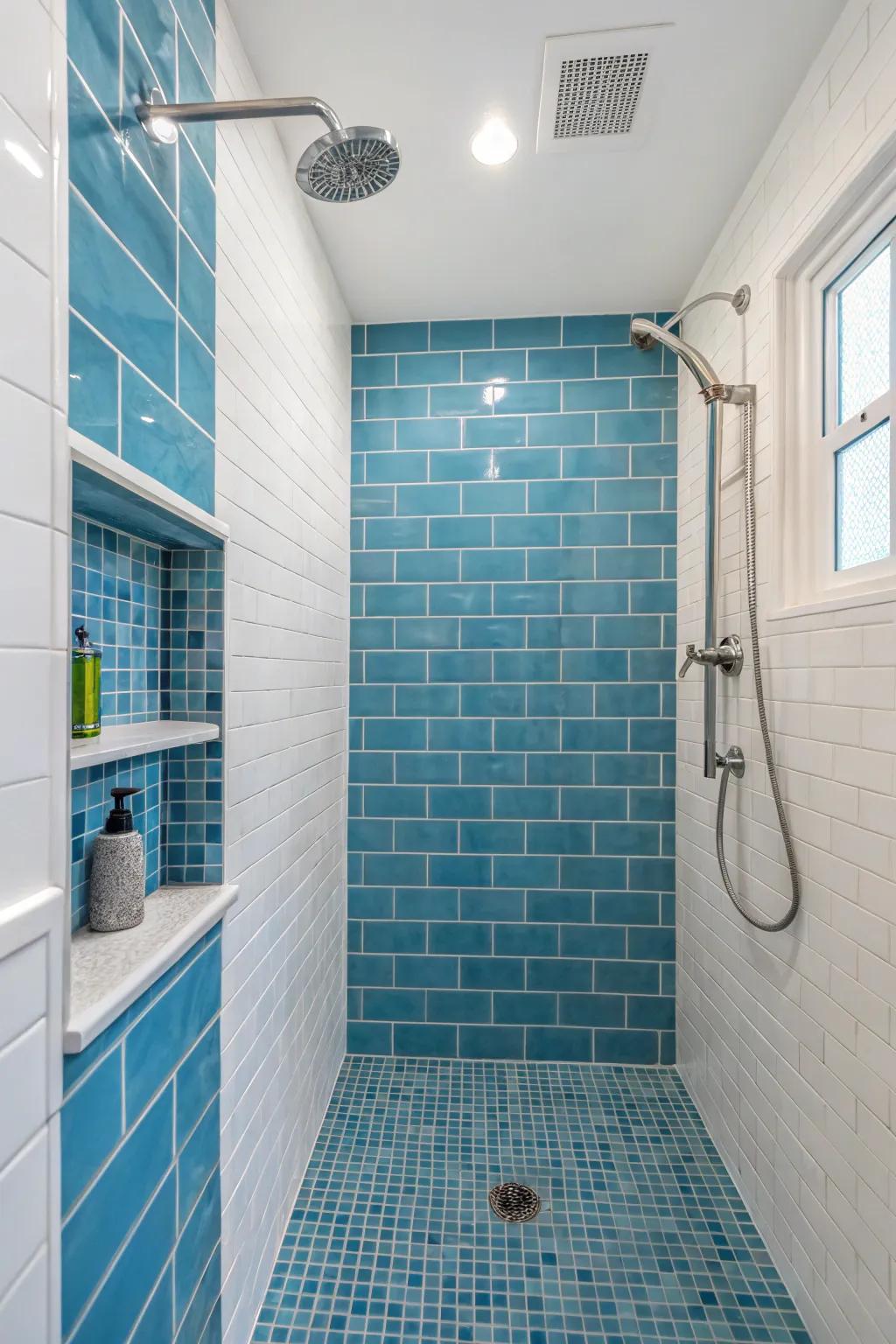 Blue accents deliver a soothing, aquatic ambiance.