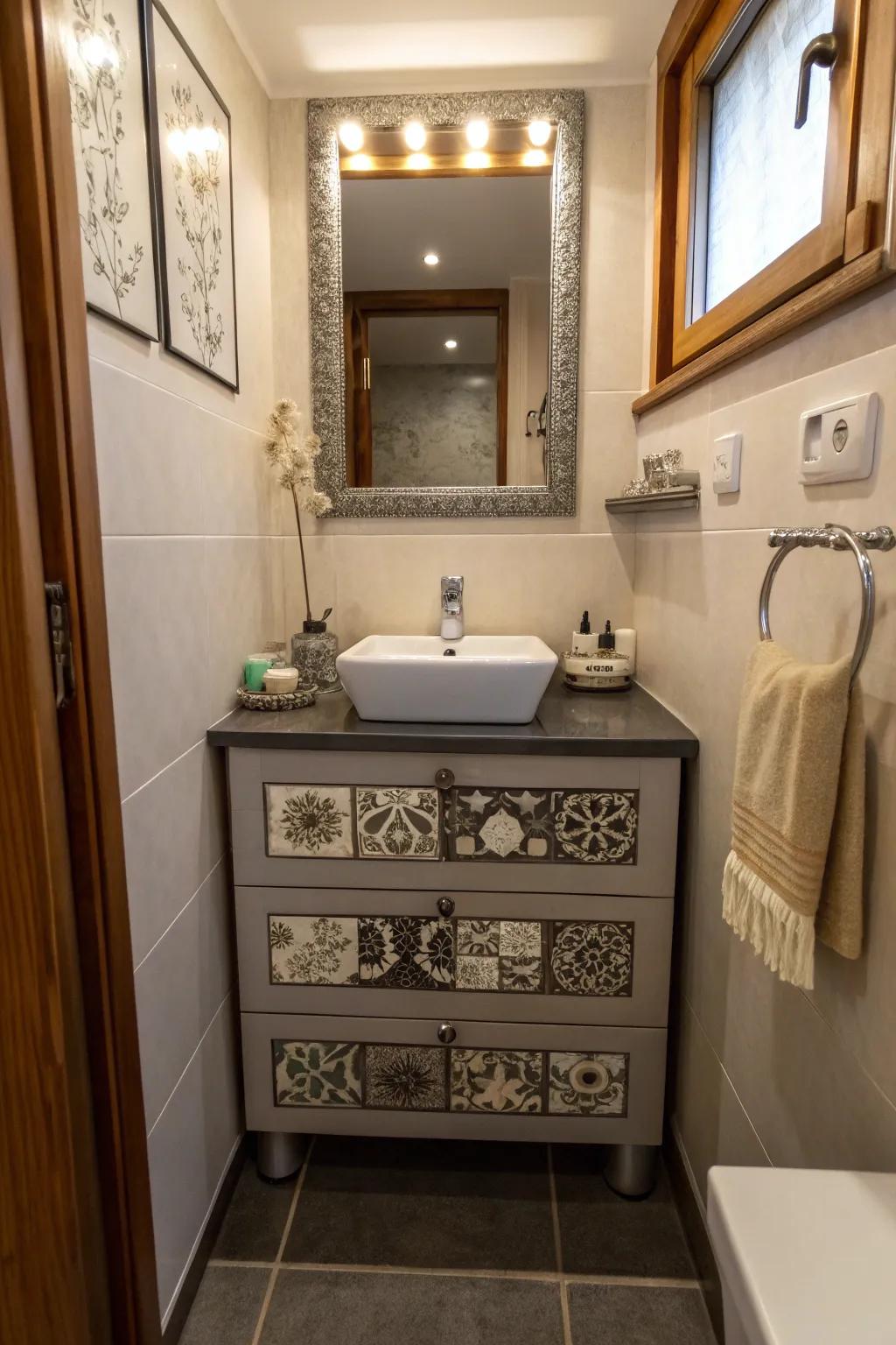 A customized organizer that shows off personal style and creativity in a small bathroom.
