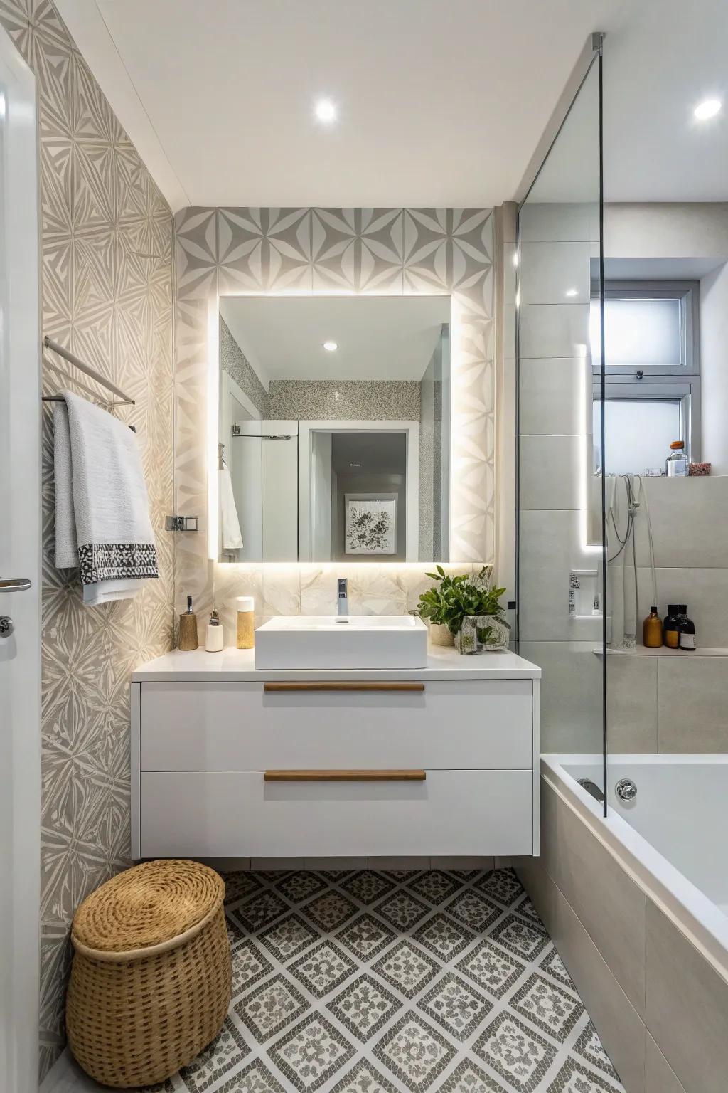 Floating vanities provide an open, modern feel.