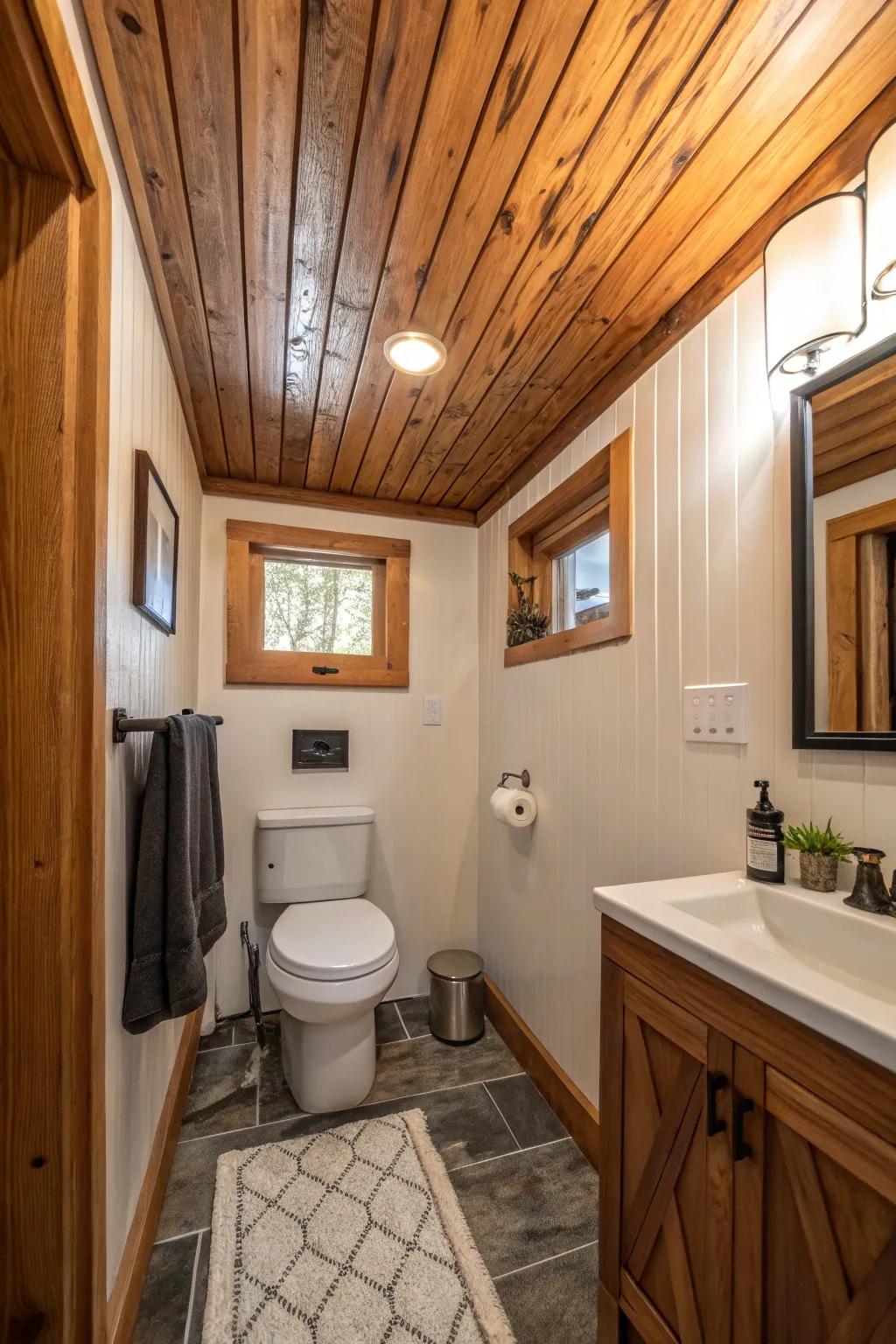 Contrasting wood hues add visual intrigue to the ceiling.