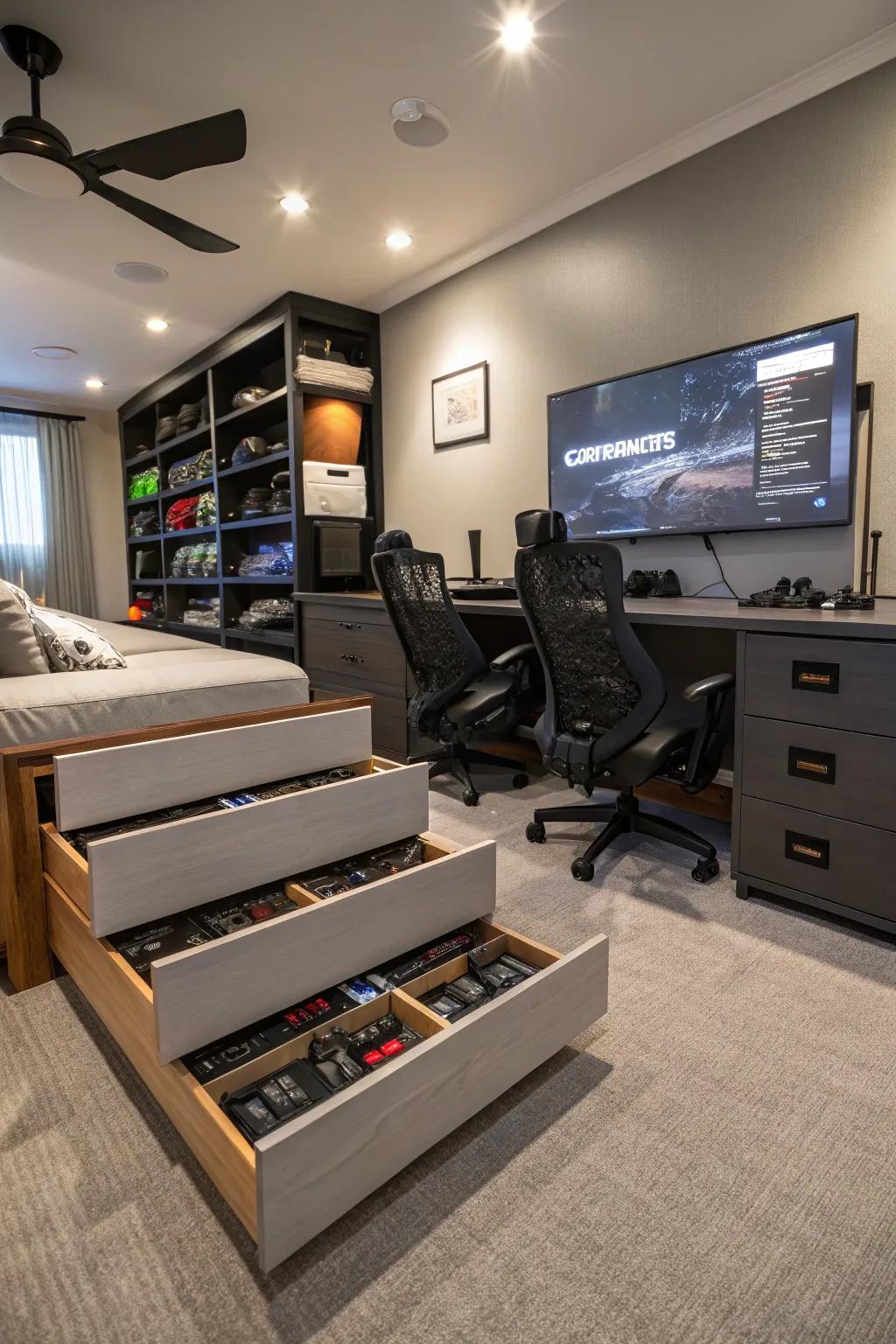 Efficient storage maintains an organized and functional gaming room.