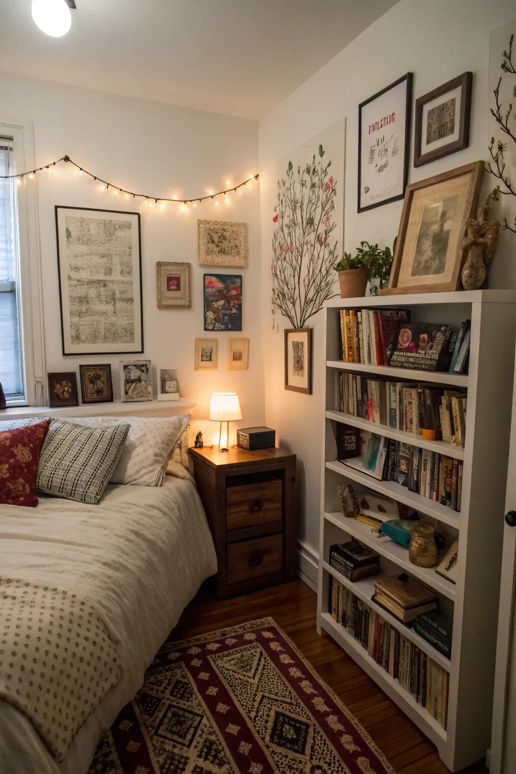 A compact bedroom personalized with books and art pieces to create a distinctive atmosphere.