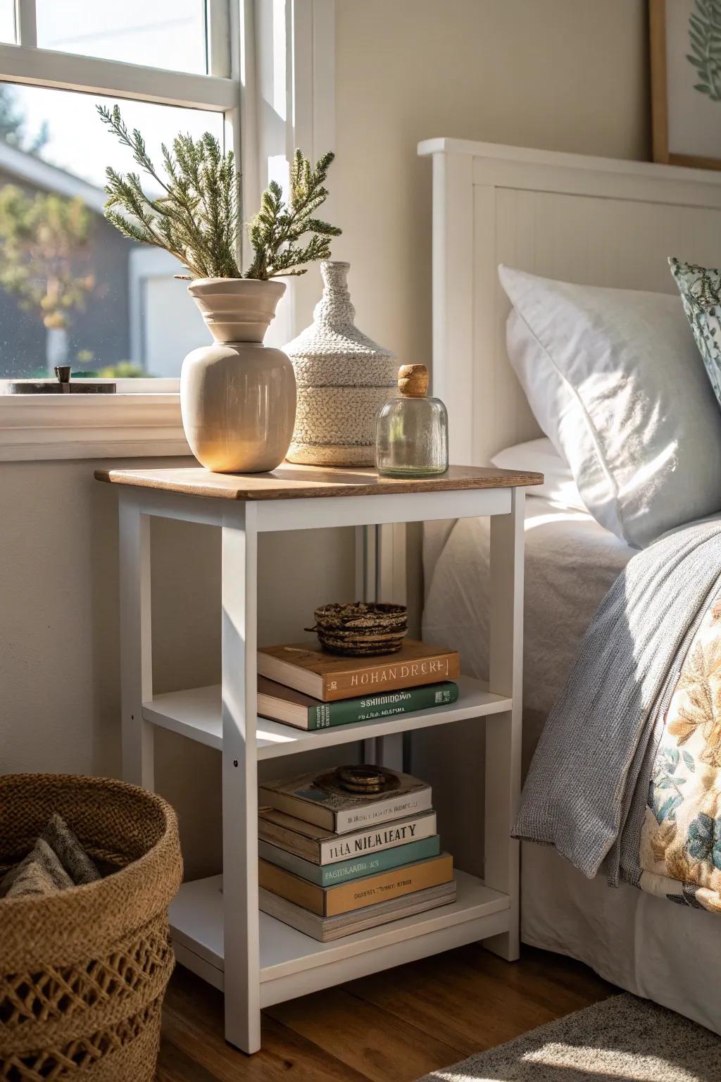 A corner shelf efficiently uses space as a bedside table.
