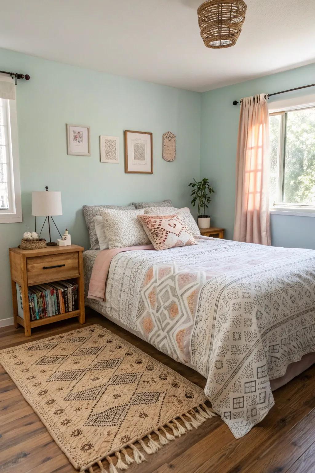 A minimalist approach retains the petite boho bedroom snug and uncluttered