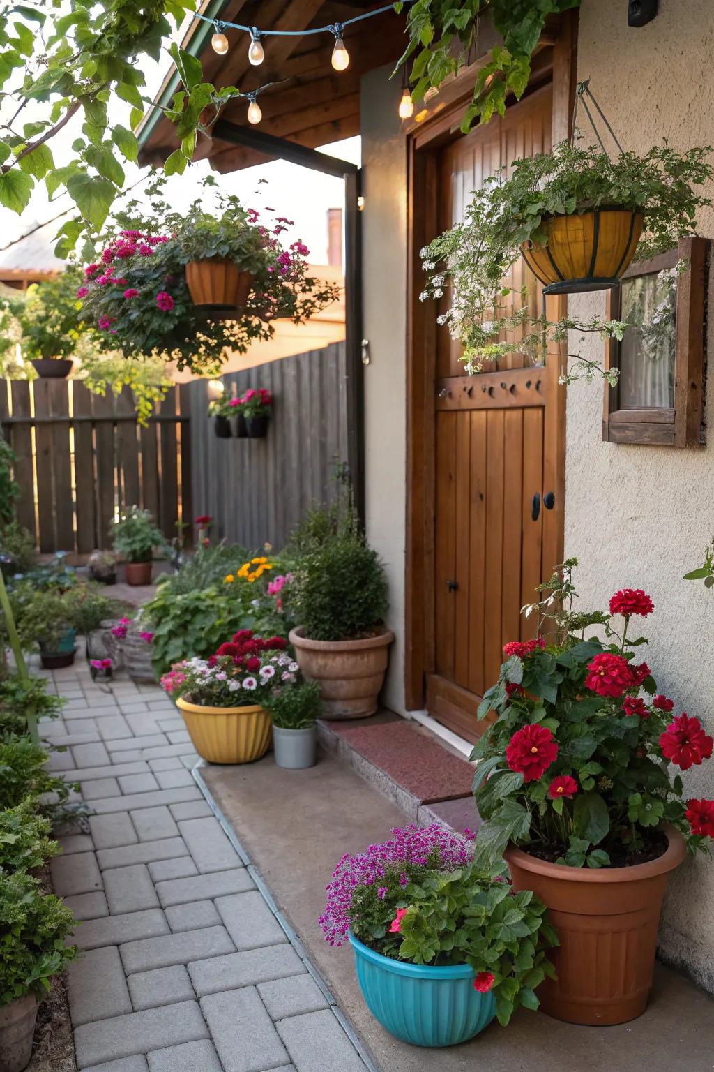 A personal plant corner adds life and variety to the patio.