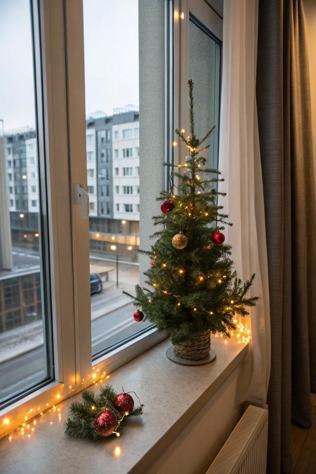 A petite evergreen upon the window ledge disseminates celebratory cheer interiorly and exteriorly.