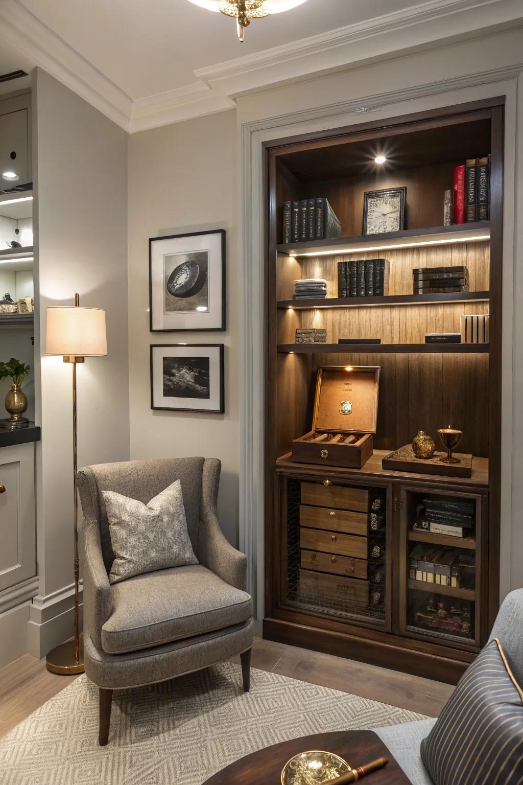 A chic cigar box keeps cigars fresh and injects style into this small room.