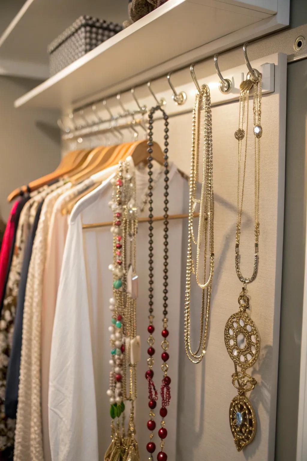 Maintain jewelry organization with a hanging rack.