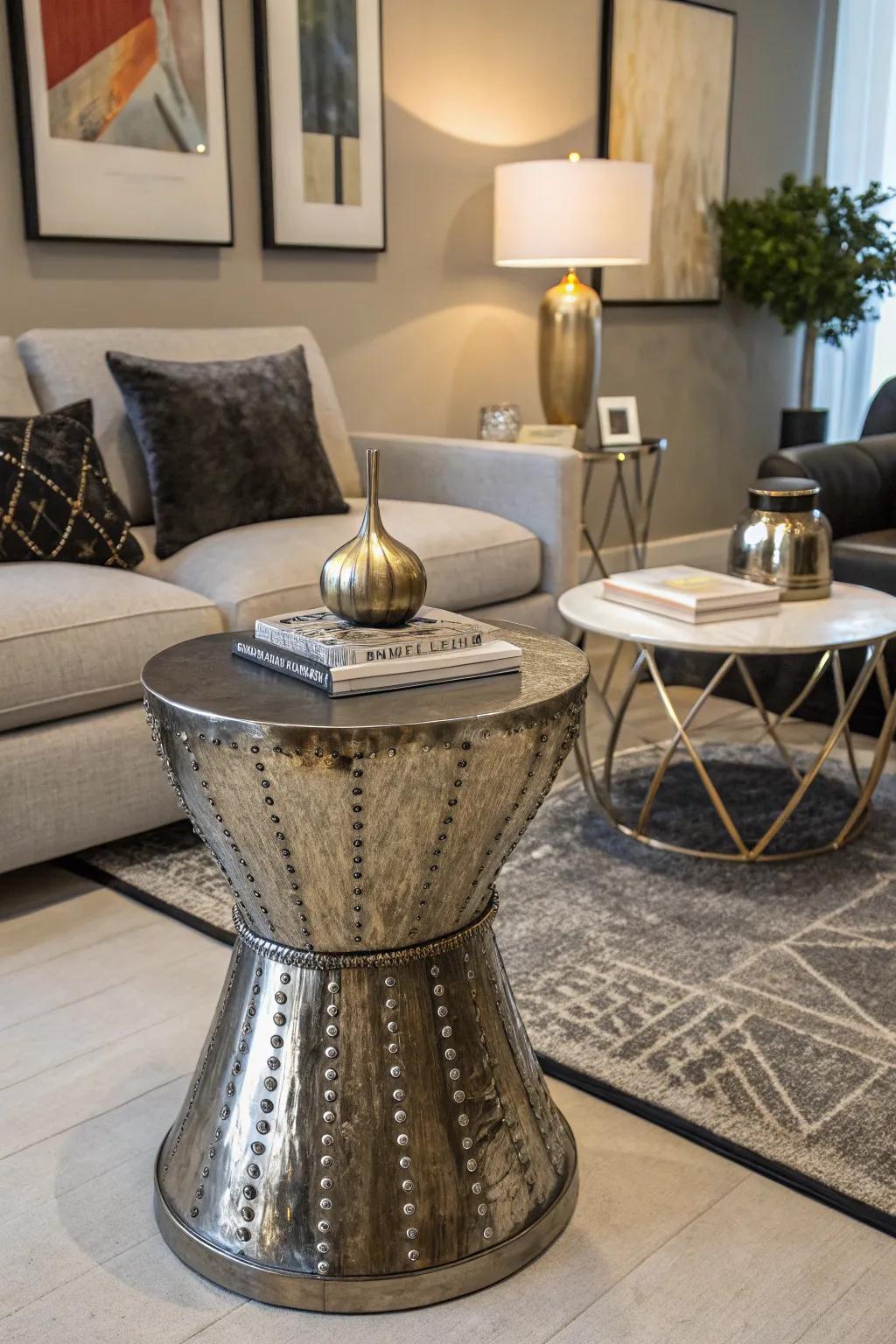 Drum tables create a bold statement in small living areas.