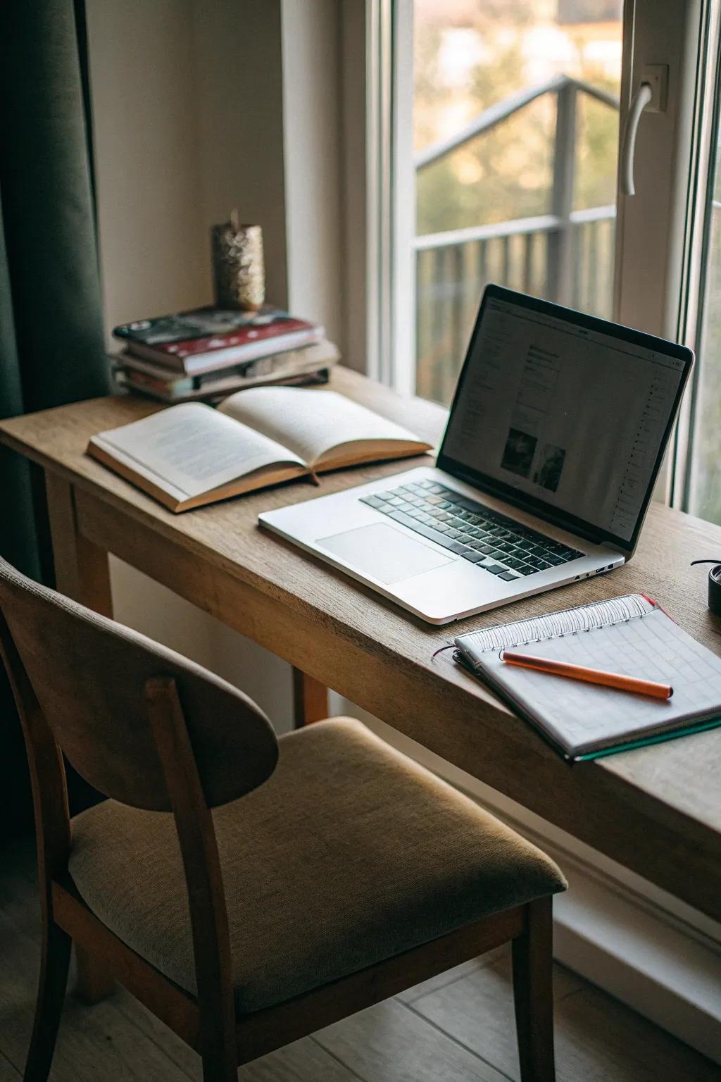 A corner writing desk creates a functional workspace.