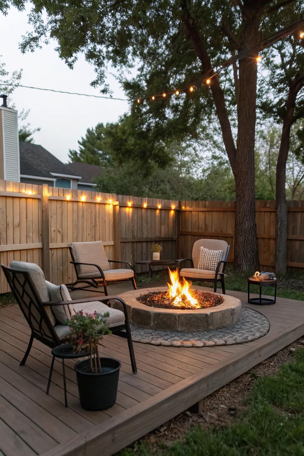 A miniature fire pit adding warmth to a compact deck.