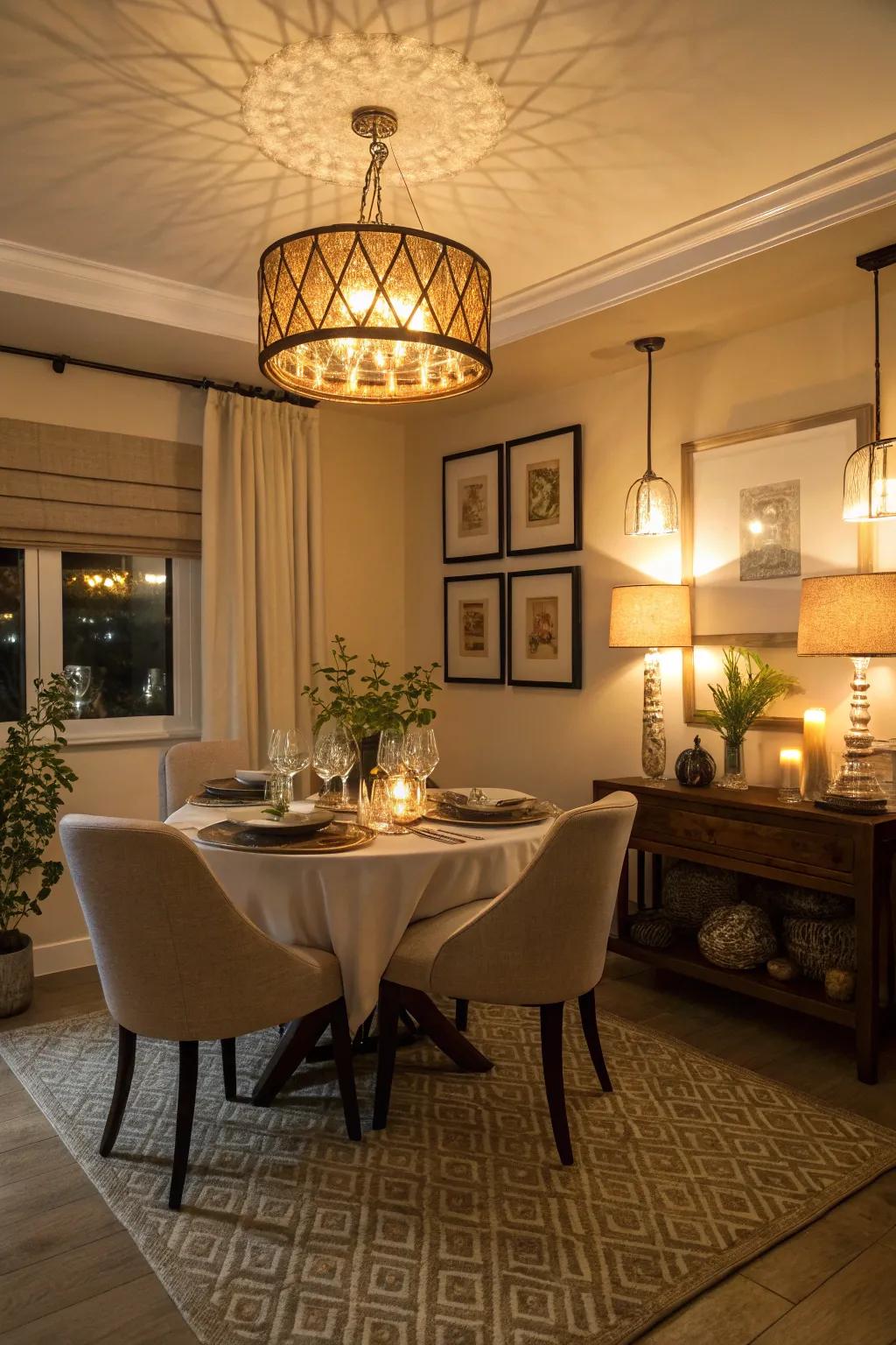 Stratified illumination grants flexibility and ambiance in dining sectors.