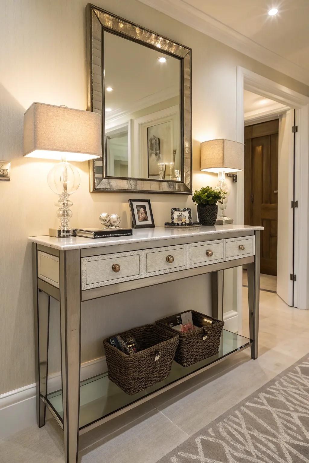 A chic console table combines storage and style seamlessly.